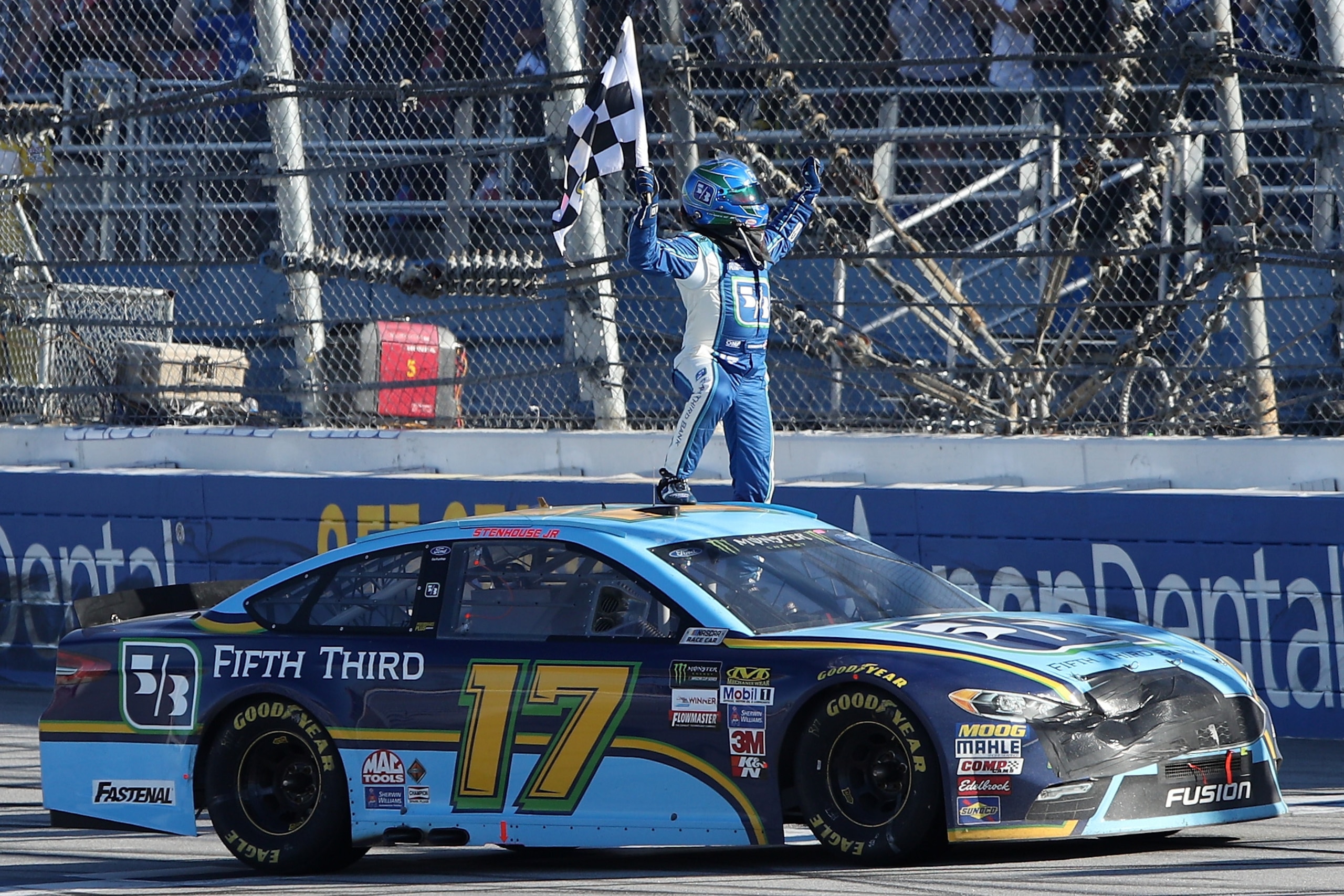 TALLADEGA, AL - MAY 07:  Ricky Stenhouse Jr., driver of the #17 Fifth Third Bank Ford, celebrates wnning the Monster Energy NASCAR Cup Series GEICO 500 at Talladega Superspeedway on May 7, 2017 in Talladega, Alabama.  (Photo by Chris Graythen/Getty Images