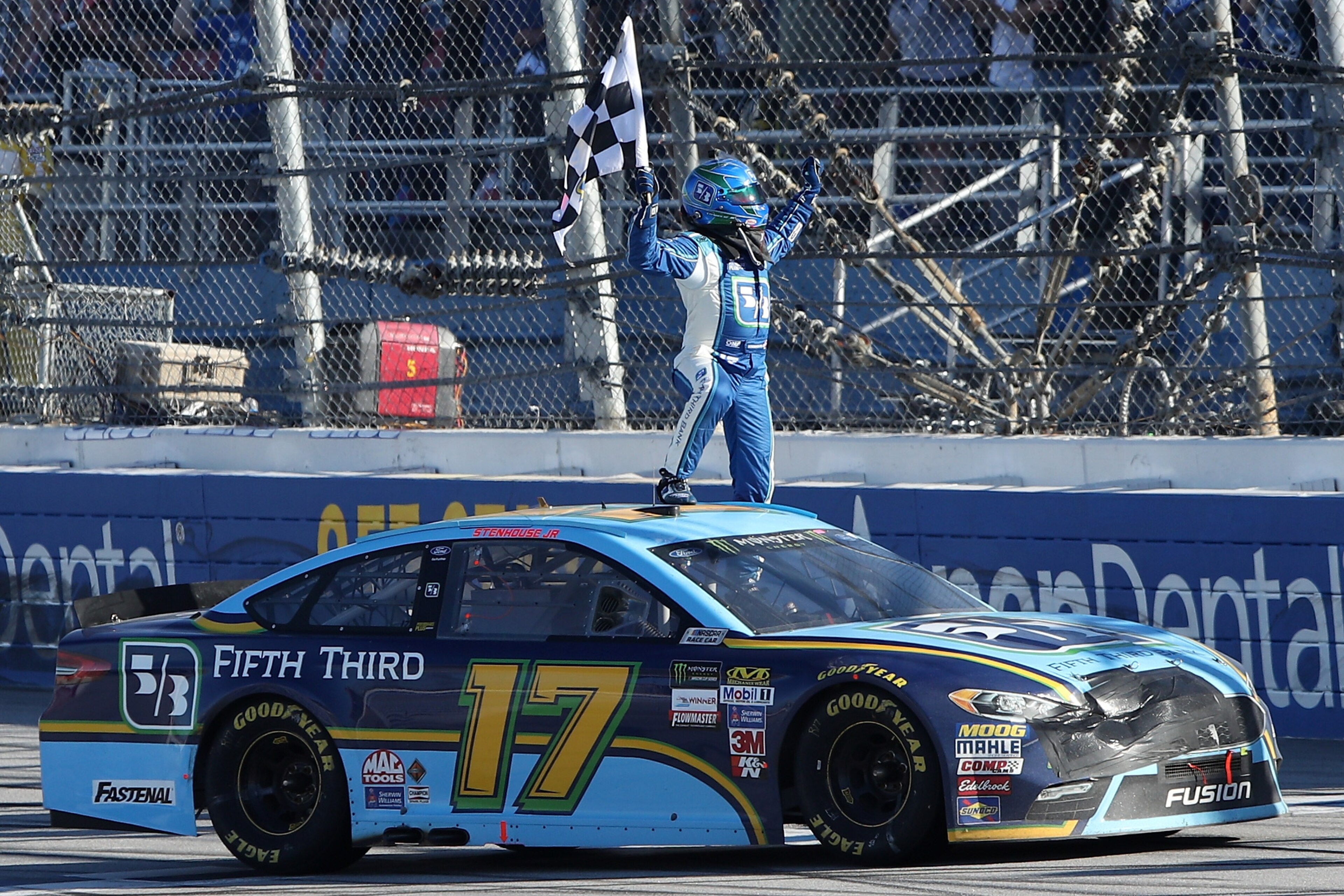 TALLADEGA, AL - MAY 07:  Ricky Stenhouse Jr., driver of the #17 Fifth Third Bank Ford, celebrates wnning the Monster Energy NASCAR Cup Series GEICO 500 at Talladega Superspeedway on May 7, 2017 in Talladega, Alabama.  (Photo by Chris Graythen/Getty Images