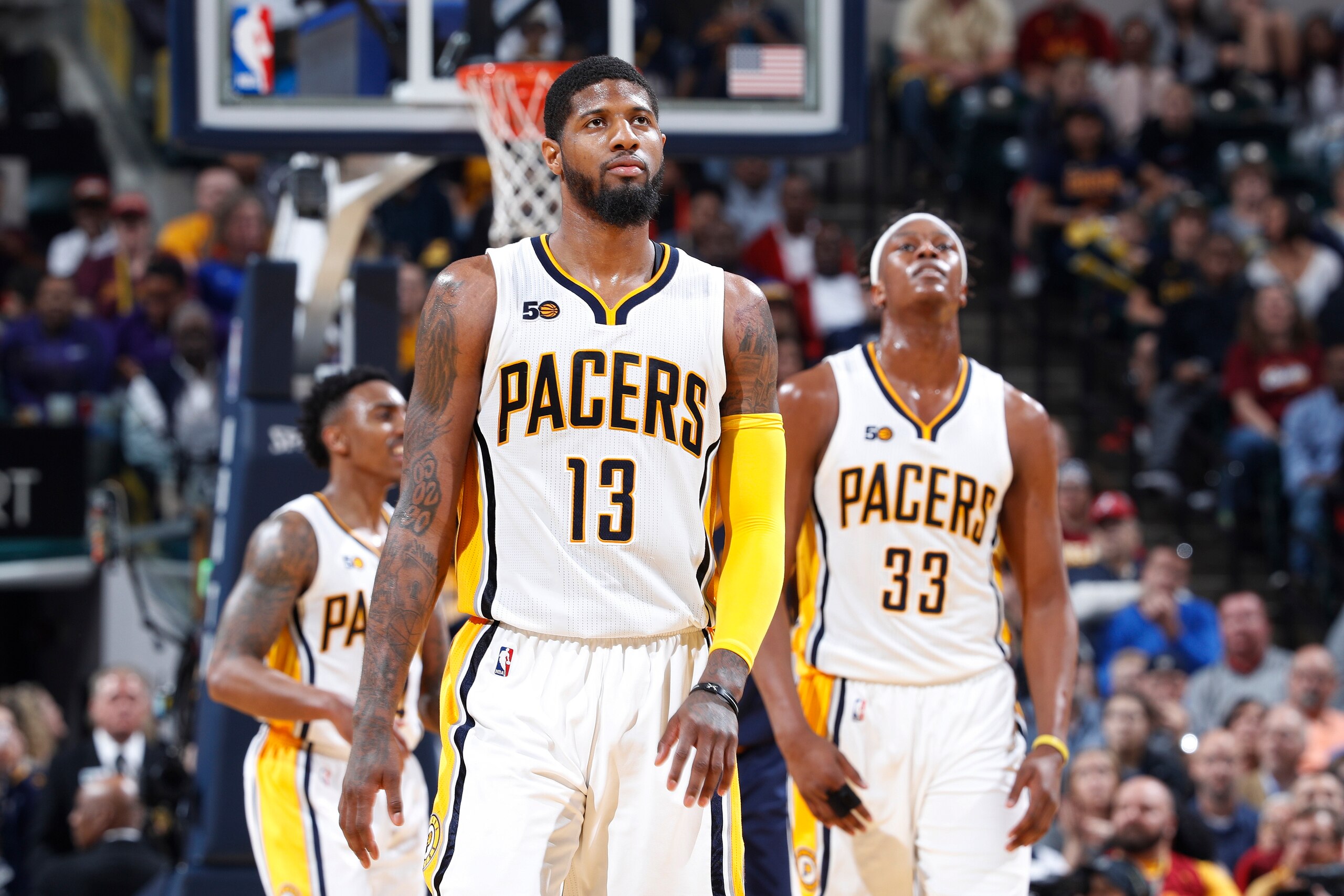 INDIANAPOLIS, IN - APRIL 23: Paul George #13 and Myles Turner #33 of the Indiana Pacers react in the second half of Game Four of the Eastern Conference Quarterfinals during the 2017 NBA Playoffs against the Cleveland Cavaliers at Bankers Life Fieldhouse o INDIANAPOLIS, IN - APRIL 23: Paul George #13 and Myles Turner #33 of the Indiana Pacers react in the second half of Game Four of the Eastern Conference Quarterfinals during the 2017 NBA Playoffs against the Cleveland Cavaliers at Bankers Life Fieldhouse o