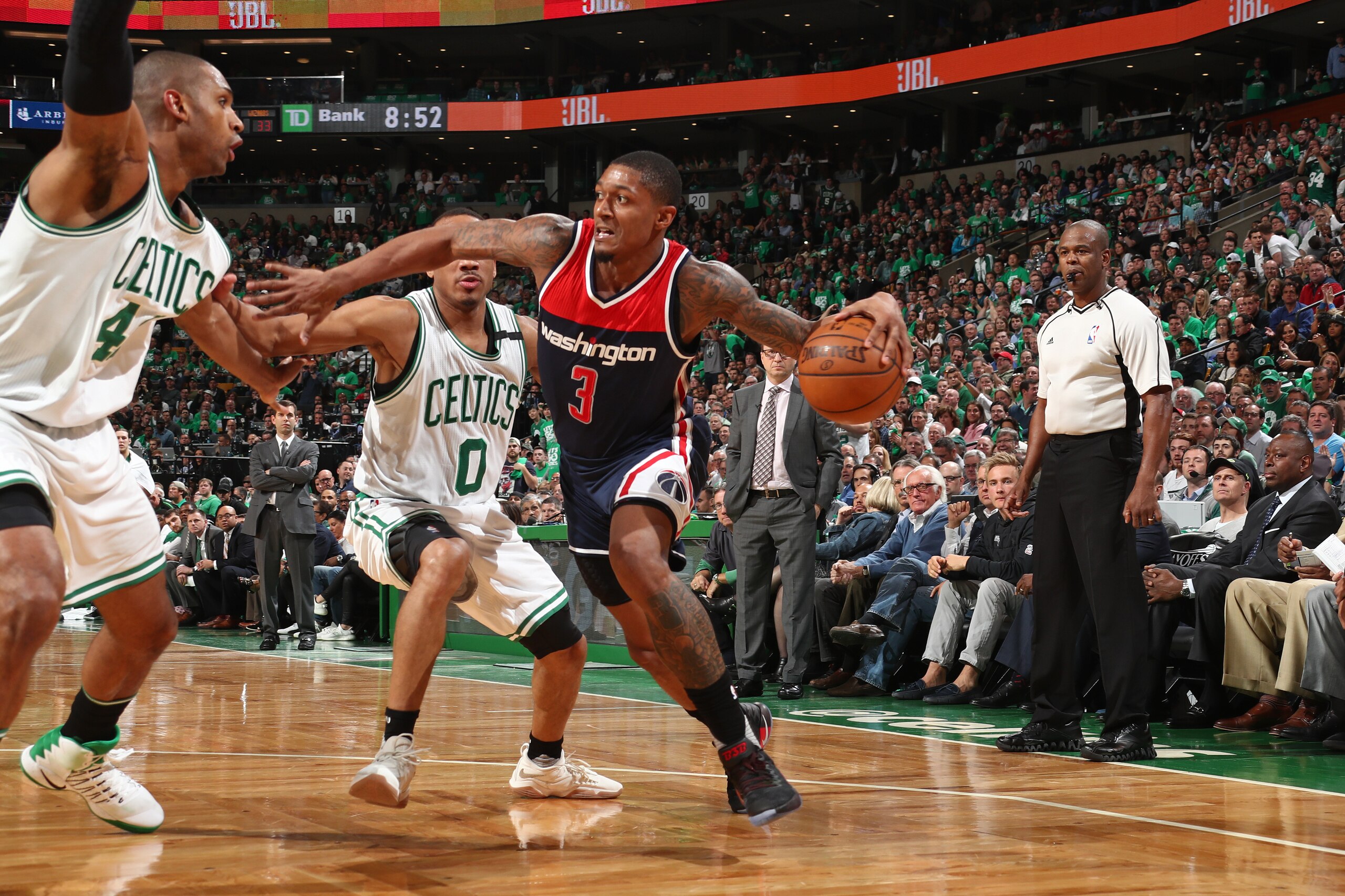 BOSTON, MA - MAY 10:  Bradley Beal #3 of the Washington Wizards drives to the basket against the Boston Celtics in Game Five of the Eastern Conference Semifinals during the 2017 NBA Playoffs on May 10, 2017 at the TD Garden in Boston, Massachusetts. NOTE 