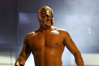 LAS VEGAS - DECEMBER 2:  (U.S. TABLOIDS OUT)   WWE wrestler Rey Mysterio walks on stage during the '1st Annual Video Game Awards' at the MGM Grand Garden Arena December 2, 2003 in Las Vegas, Nevada.  The show premieres on Spike T.V. Thursday, December 4 a
