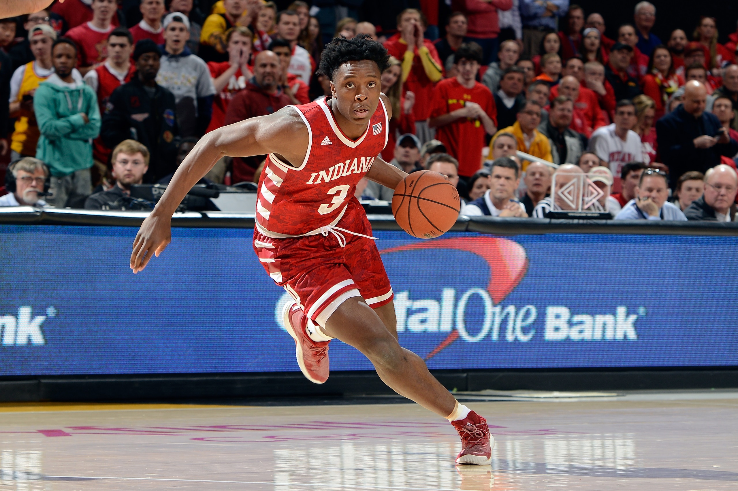COLLEGE PARK, MD - JANUARY 10: OG Anunoby #3 of the Indiana Hoosiers handles the ball against the Maryland Terrapins at Xfinity Center on January 10, 2017 in College Park, Maryland.  (Photo by G Fiume/Maryland Terrapins/Getty Images)