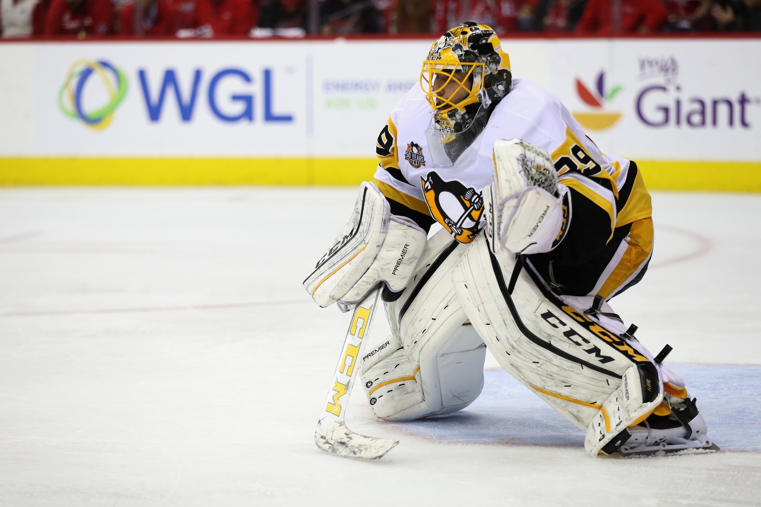 WASHINGTON, DC - MAY 10: Goalie Marc-Andre Fleury #29 of the Pittsburgh Penguins follows the puck against the Washington Capitals in the third period in Game Seven of the Eastern Conference Second Round during the 2017 NHL Stanley Cup Playoffs at Verizon 