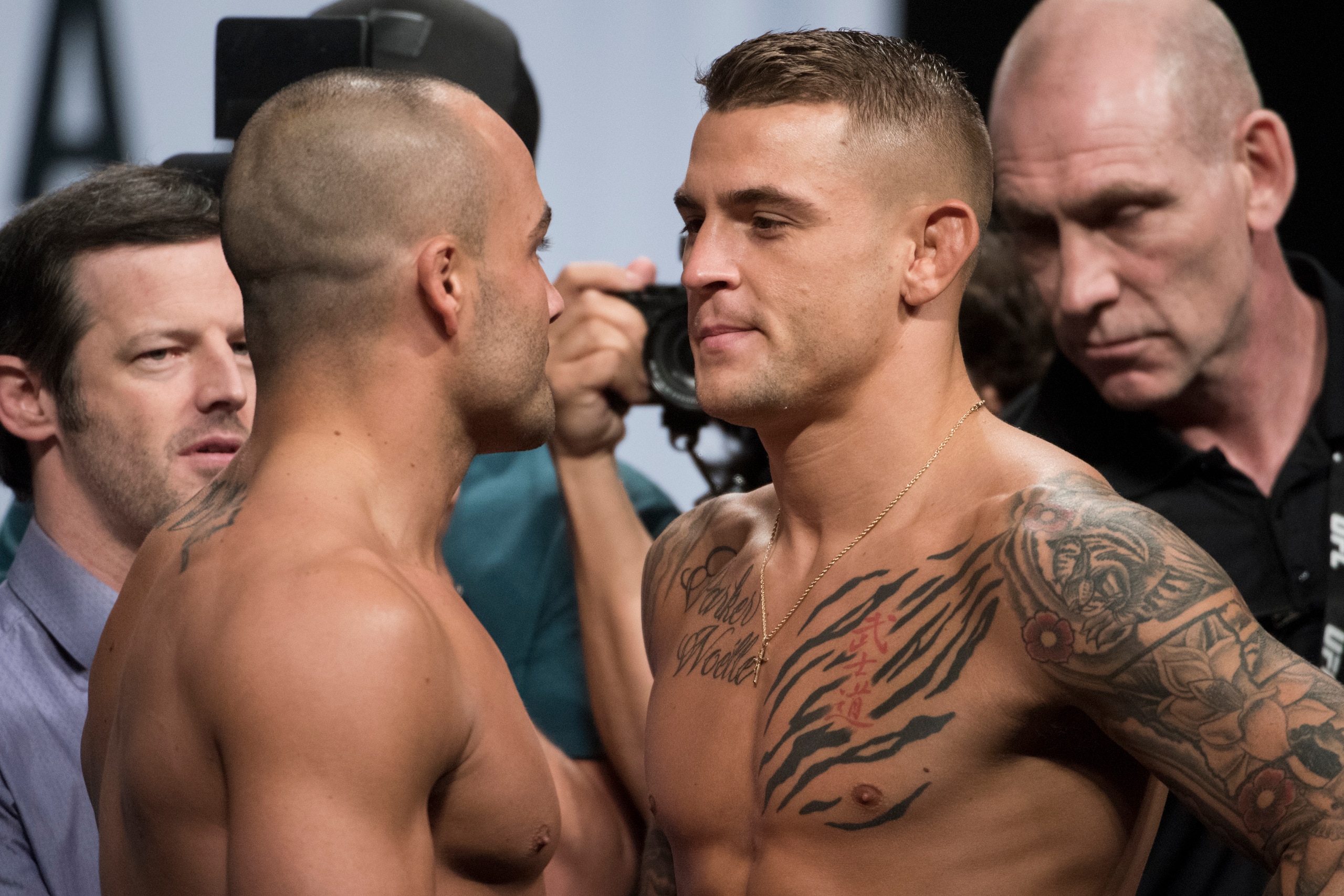 DALLAS, TX - MAY 12:  (L to R) Eddie Alvarez faces off with Dustin Poirier during the UFC 211 weigh-in at the American Airlines Center on May 12, 2017 in Dallas, Texas. (Photo by Cooper Neill/Zuffa LLC/Zuffa LLC via Getty Images)