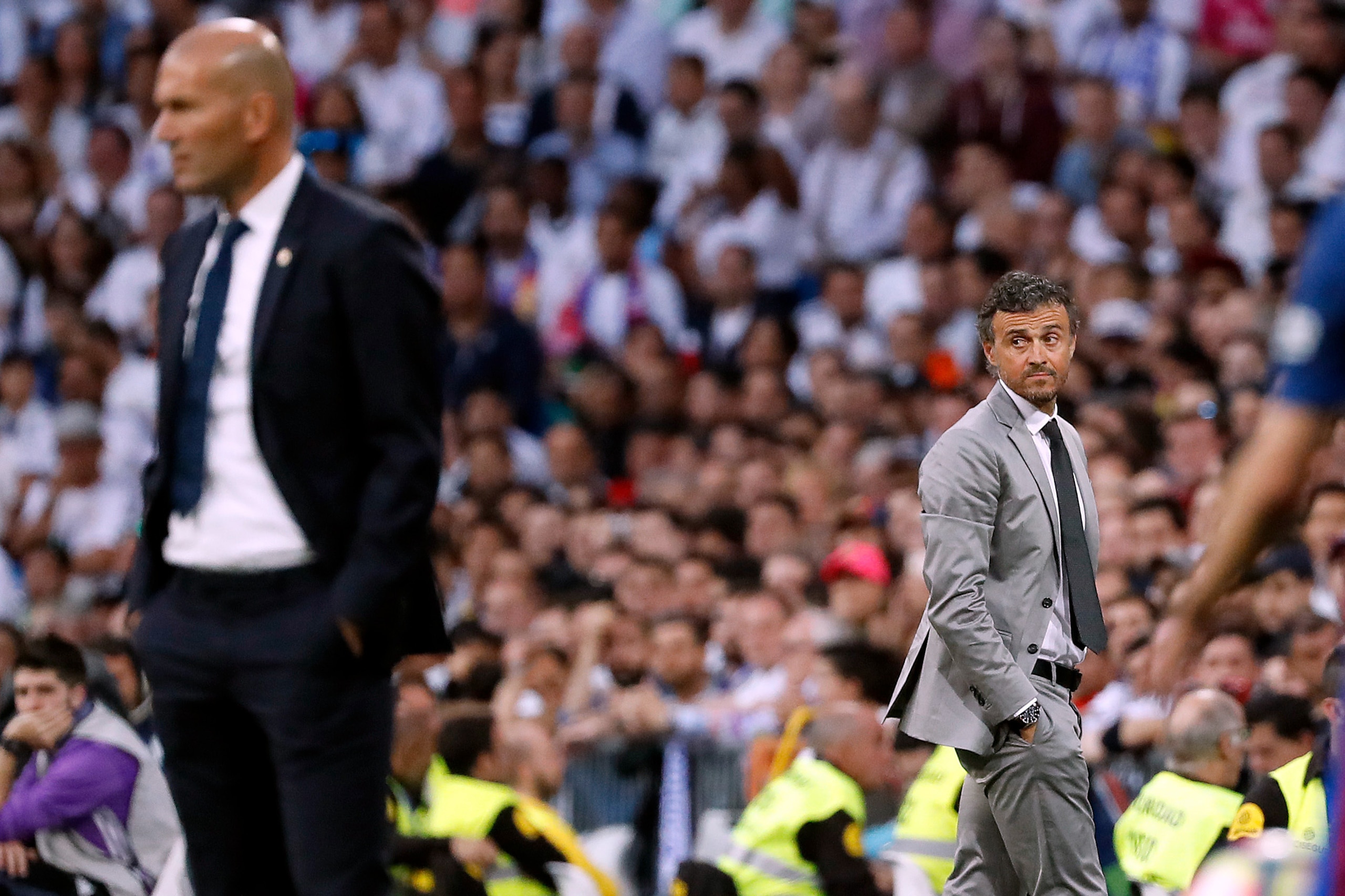 MADRID, SPAIN - APRIL 23: Zinedine Zidane of Real Madrid and Luis Enrique of FC Barcelona looks on during the La Liga match between Real Madrid CF and FC Barcelona at the Santiago Bernabeu stadium on April 23, 2017 in Madrid, Spain. (Photo by TF-Images/Ge