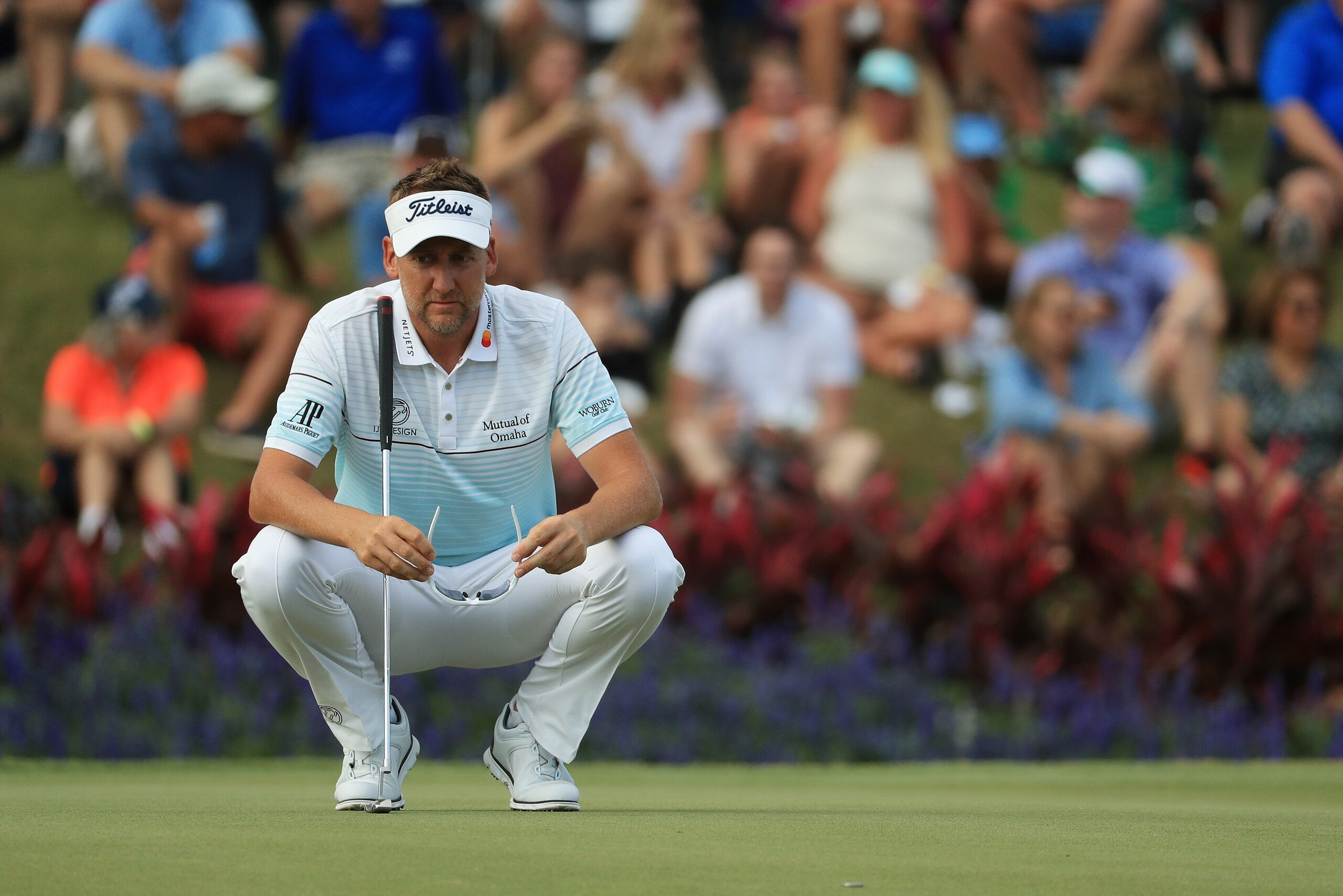 PONTE VEDRA BEACH, FL - MAY 13:  Ian Poulter of England lines up a putt on the 17th green during the third round of THE PLAYERS Championship at the Stadium course at TPC Sawgrass on May 13, 2017 in Ponte Vedra Beach, Florida.  (Photo by Mike Ehrmann/Getty