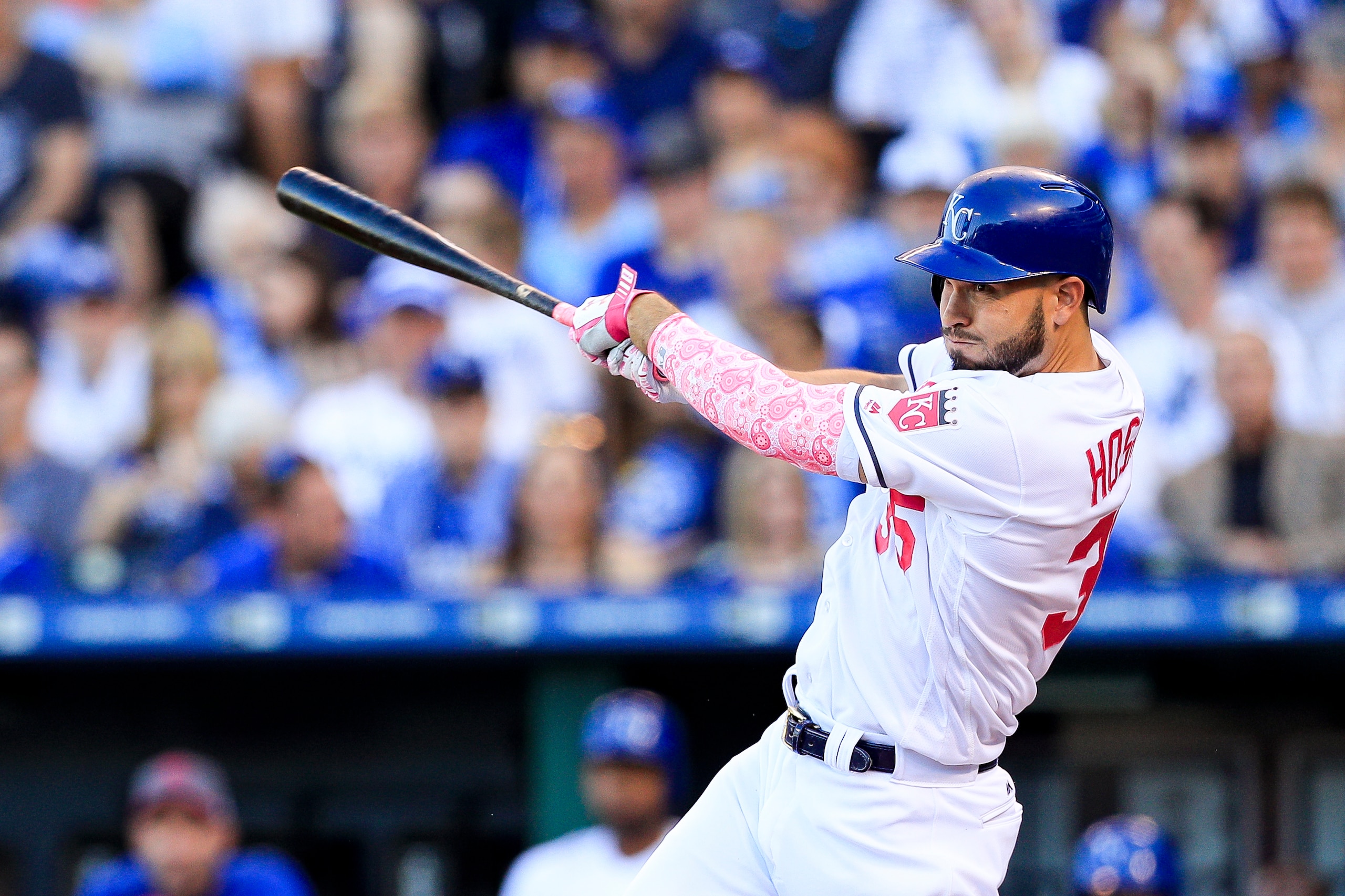 KANSAS CITY, MO - MAY 13: Eric Hosmer #35 of the Kansas City Royals hits a double against the Baltimore Orioles during the second inning at Kauffman Stadium on May 13, 2017 in Kansas City, Missouri. Players are wearing pink to celebrate Mother's Day weeke