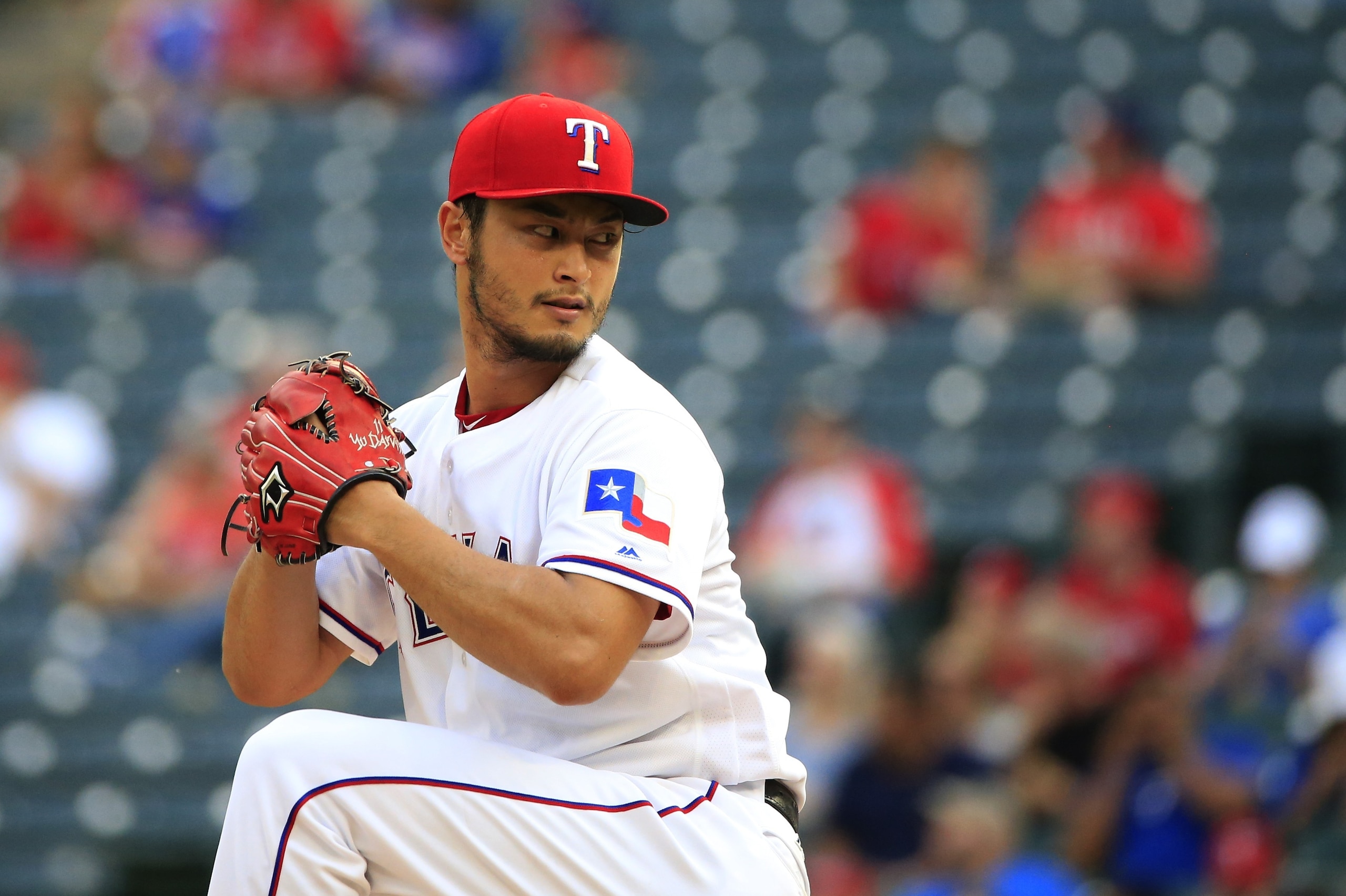 ARLINGTON, TX - MAY 10: Yu Darvish #11 of the Texas Rangers delivers as the Rangers take on the San Diego Padres during the first inning at Globe Life Park in Arlington on May 10, 2017 in Arlington, Texas. (Photo by Ron Jenkins/Getty Images)