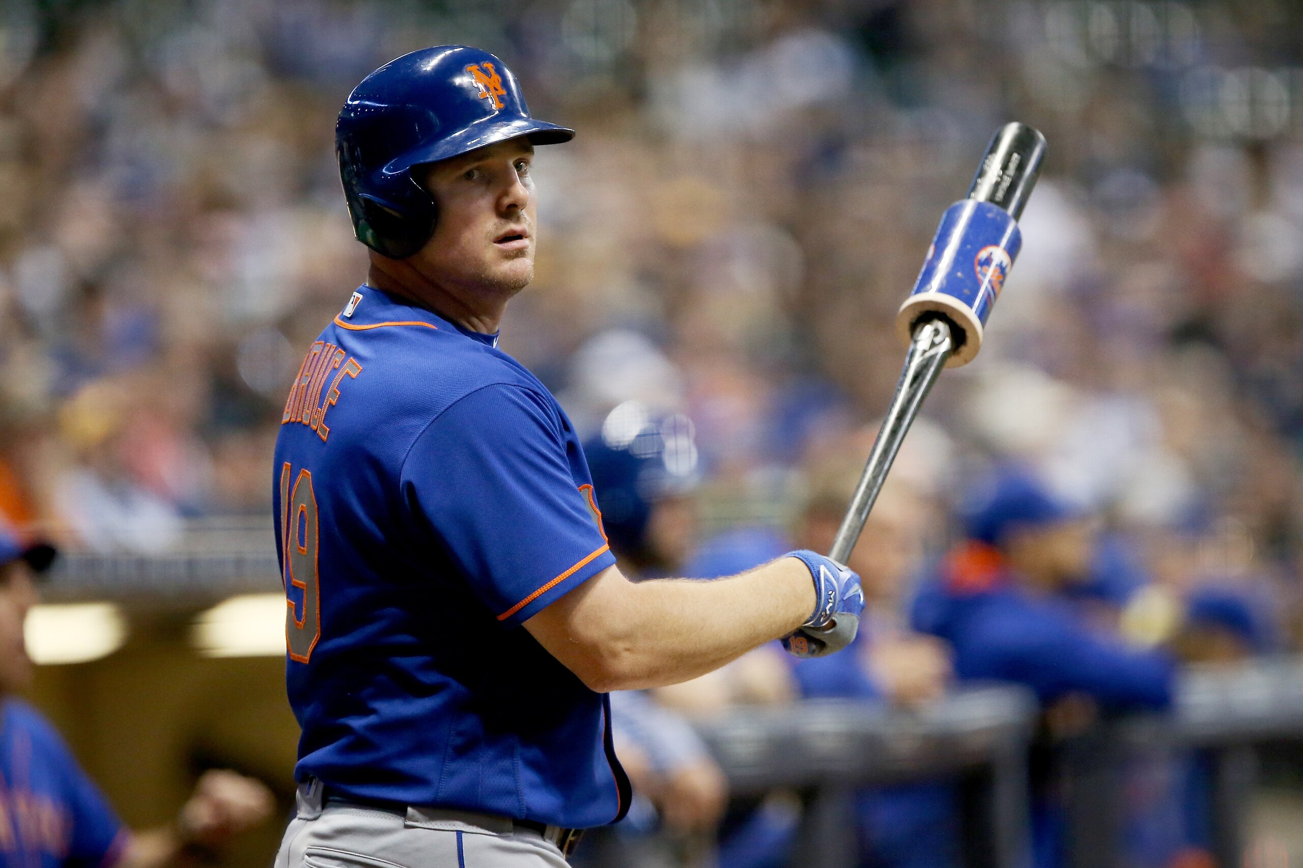 MILWAUKEE, WI - MAY 12:  Jay Bruce #19 of the New York Mets waits in the on-deck circle in the fourth inning against the Milwaukee Brewers at Miller Park on May 12, 2017 in Milwaukee, Wisconsin. (Photo by Dylan Buell/Getty Images)