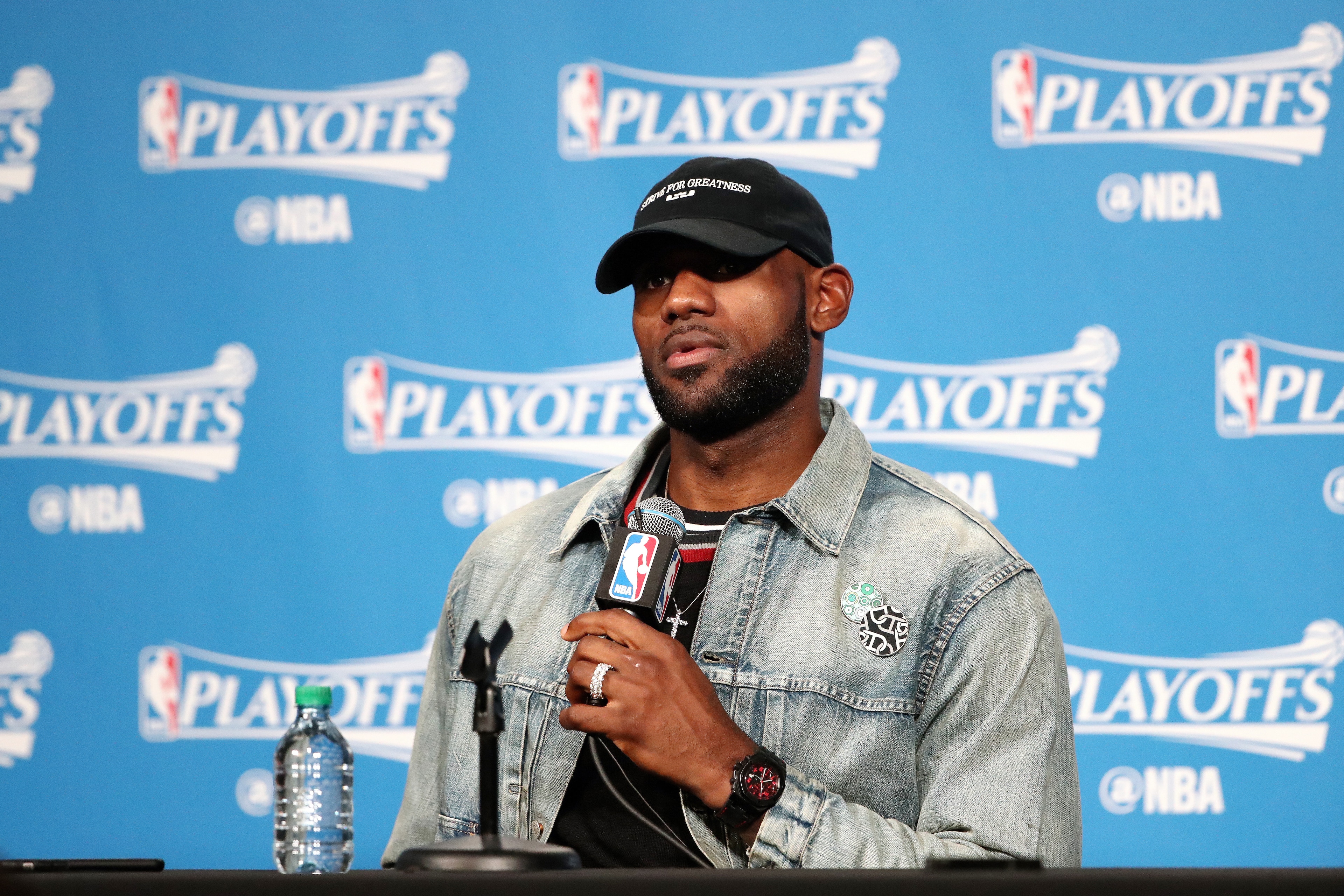 TORONTO, CANADA - MAY 7: LeBron James #23 of the Cleveland Cavaliers talks with the press after the game against the Toronto Raptors in Game Four of the Eastern Conference Semifinals during the 2017 NBA Playoffs on May 7, 2017 at the Air Canada Centre in 