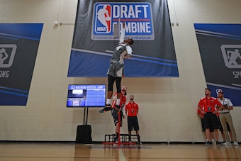 CHICAGO, IL - MAY 11:  Harry Giles participates in the vertical jump during the NBA Draft Combine at the Quest Multisport Center on May 11, 2017 in Chicago, Illinois. NOTE TO USER: User expressly acknowledges and agrees that, by downloading and/or using t