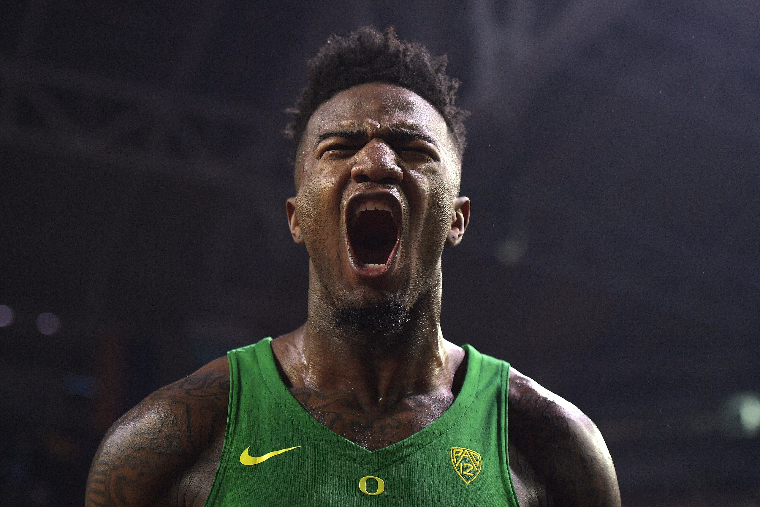 GLENDALE, AZ - APRIL 01: Jordan Bell #1 of the Oregon Ducks reacts during their game against the North Carolina Tar Heels during the 2017 NCAA Men's Final Four Semifinal at University of Phoenix Stadium on April 1, 2017 in Glendale, Arizona. North Carolin