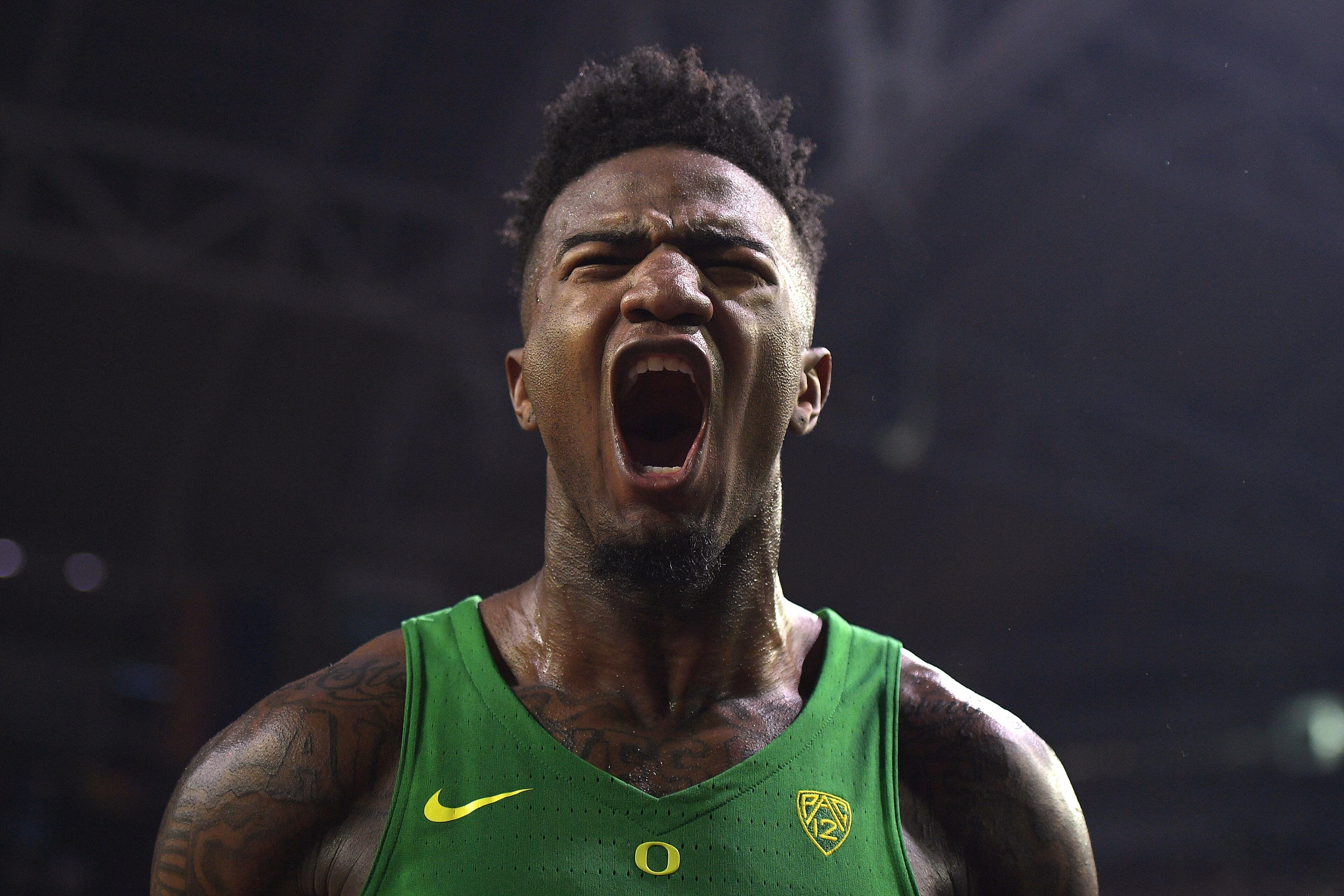 GLENDALE, AZ - APRIL 01: Jordan Bell #1 of the Oregon Ducks reacts during their game against the North Carolina Tar Heels during the 2017 NCAA Men's Final Four Semifinal at University of Phoenix Stadium on April 1, 2017 in Glendale, Arizona. North Carolin