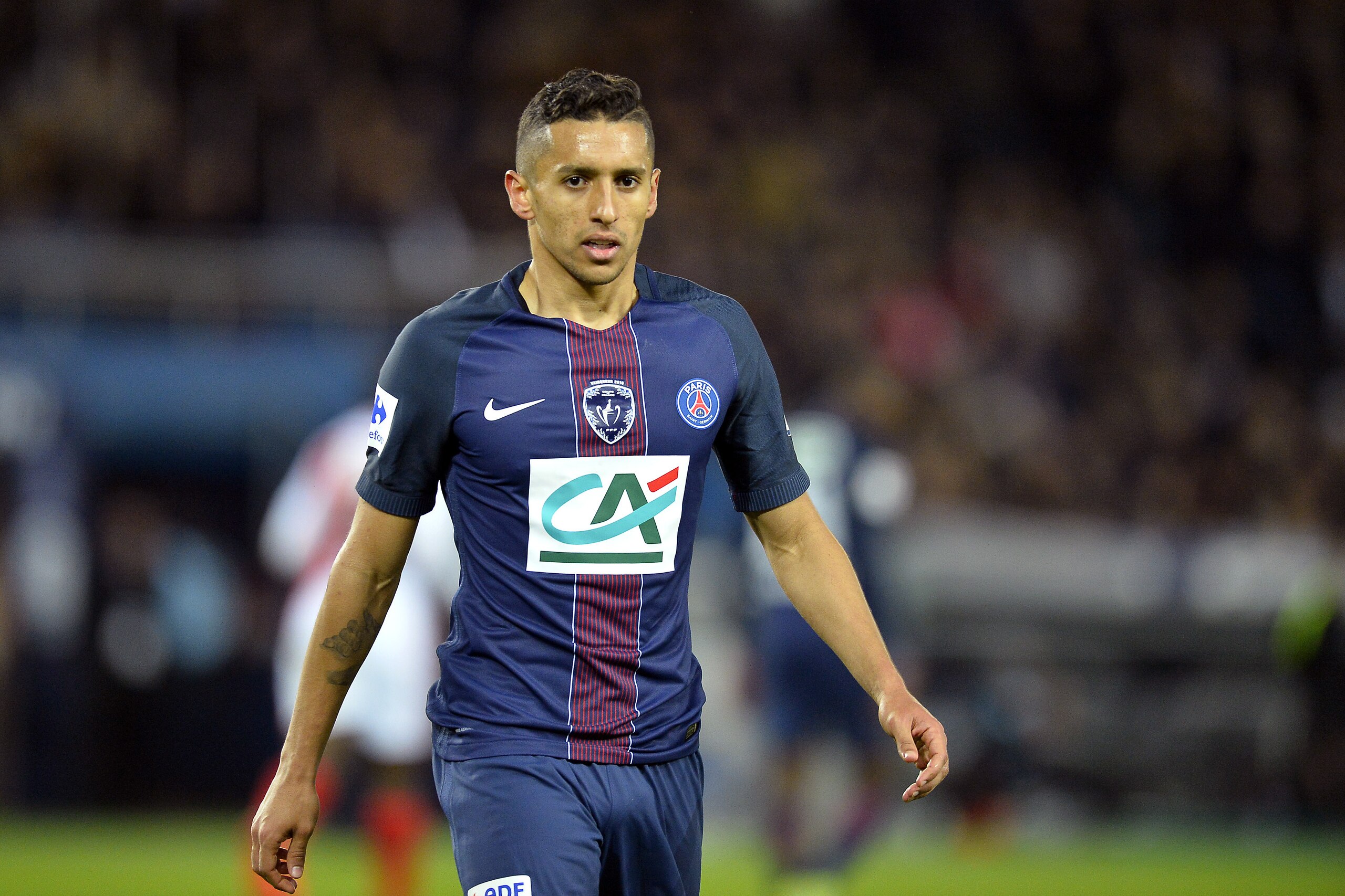 PARIS, FRANCE - APRIL 26: Marquinhos of Paris Saint-Germain reacts during the French Cup Semi-Final match between Paris Saint-Germain and As Monaco at Parc des Princes on April 26, 2017 in Paris, France.  (Photo by Aurelien Meunier/Getty Images )