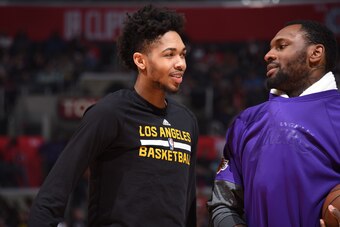 LOS ANGELES, CA - APRIL 1: Brandon Ingram #14 and Tarik Black #28 of the Los Angeles Lakers are seen before the game against the LA Clippers on April 1, 2017 at STAPLES Center in Los Angeles, California. NOTE TO USER: User expressly acknowledges and agree