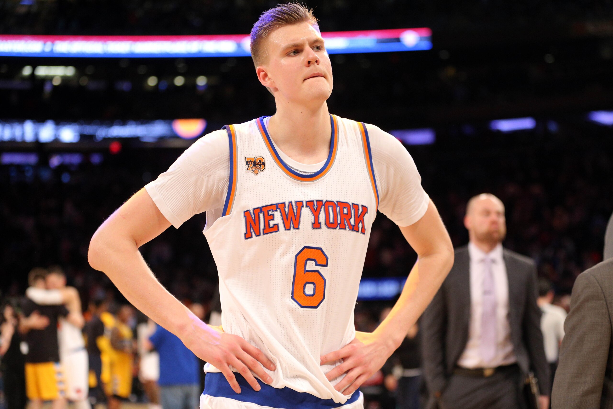 Feb 10, 2017; New York, NY, USA; New York Knicks power forward Kristaps Porzingis (6) leaves the court after losing to the Denver Nuggets at Madison Square Garden. Mandatory Credit: Brad Penner-USA TODAY Sports