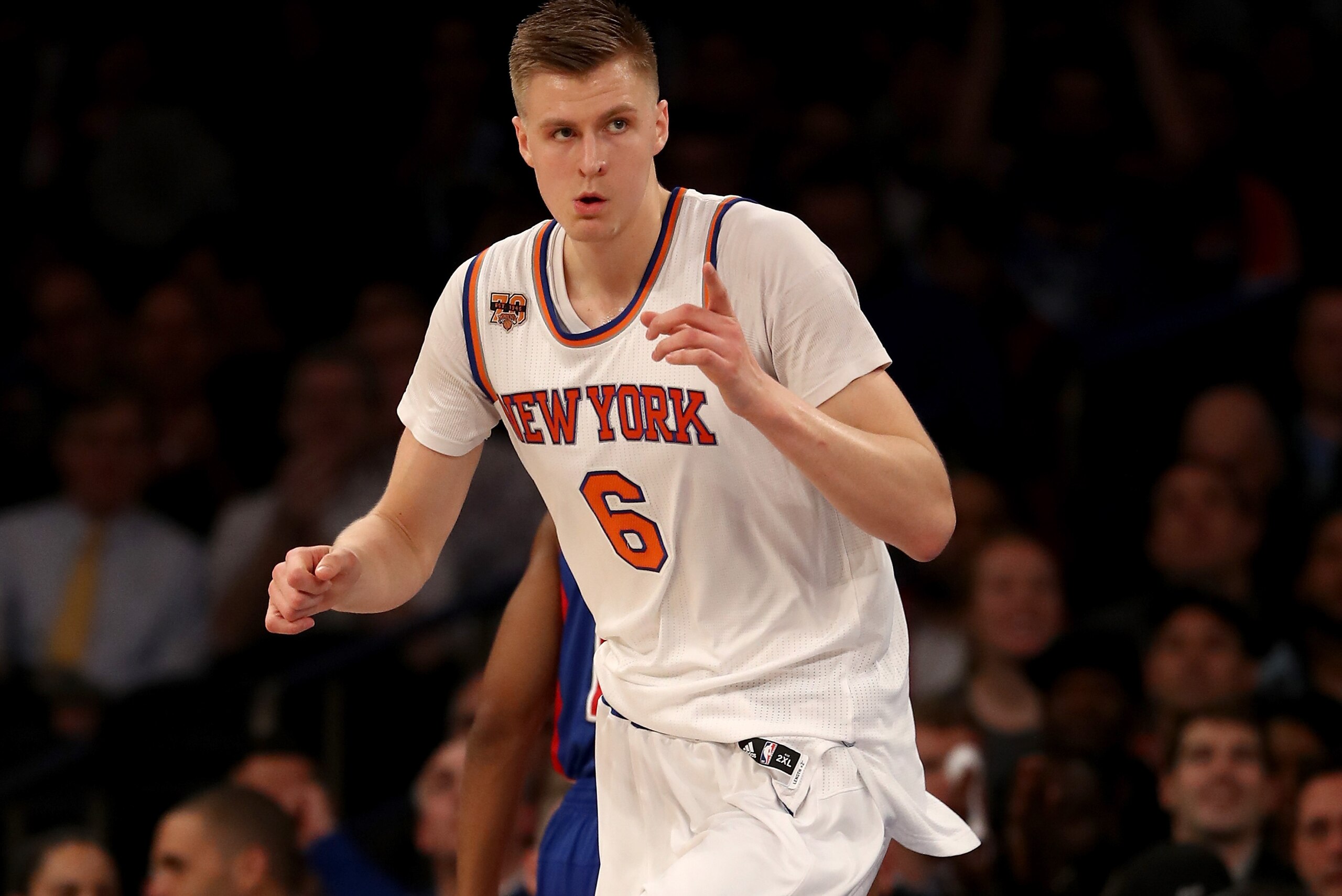 NEW YORK, NY - MARCH 27:  Kristaps Porzingis #6 of the New York Knicks celebrates his basket in the first quarter against the Detroit Pistons at Madison Square Garden on March 27, 2017 in New York City. NOTE TO USER: User expressly acknowledges and agrees