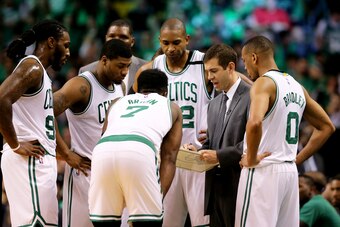 BOSTON, MA - MAY 10: Head Coach Brad Stevens talks to Jaylen Brown #7, Jae Crowder #99, Marcus Smart #36, Al Horford #42 and Avery Bradley #0 of the Boston Celtics during a time out in the second half of Game Five of the Eastern Conference Semifinals agai