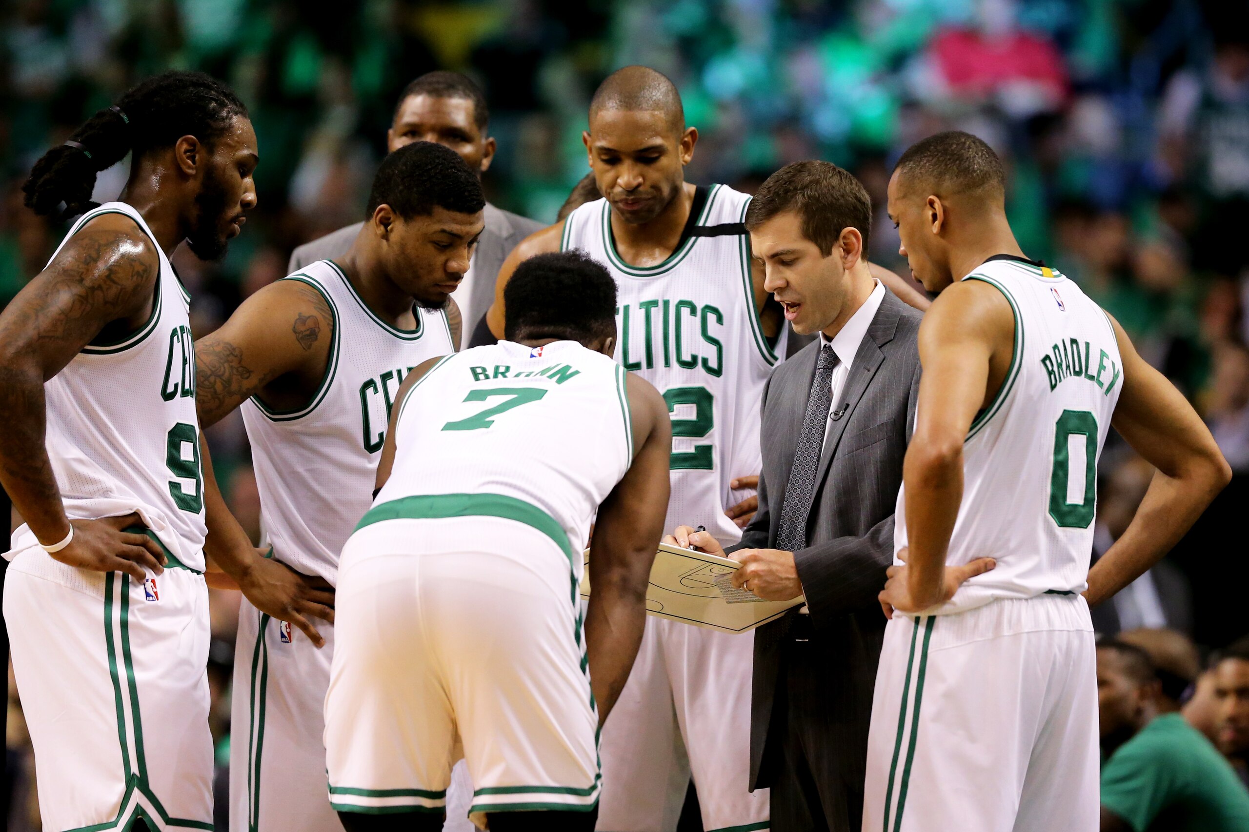 BOSTON, MA - MAY 10: Head Coach Brad Stevens talks to Jaylen Brown #7, Jae Crowder #99, Marcus Smart #36, Al Horford #42 and Avery Bradley #0 of the Boston Celtics during a time out in the second half of Game Five of the Eastern Conference Semifinals agai