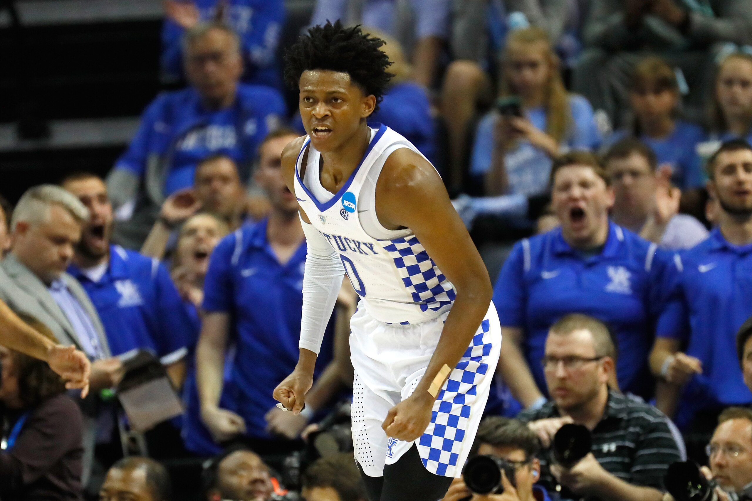 MEMPHIS, TN - MARCH 24: De'Aaron Fox #0 of the Kentucky Wildcats reacts after a play in the second half against the UCLA Bruins during the 2017 NCAA Men's Basketball Tournament South Regional at FedExForum on March 24, 2017 in Memphis, Tennessee.  (Photo 