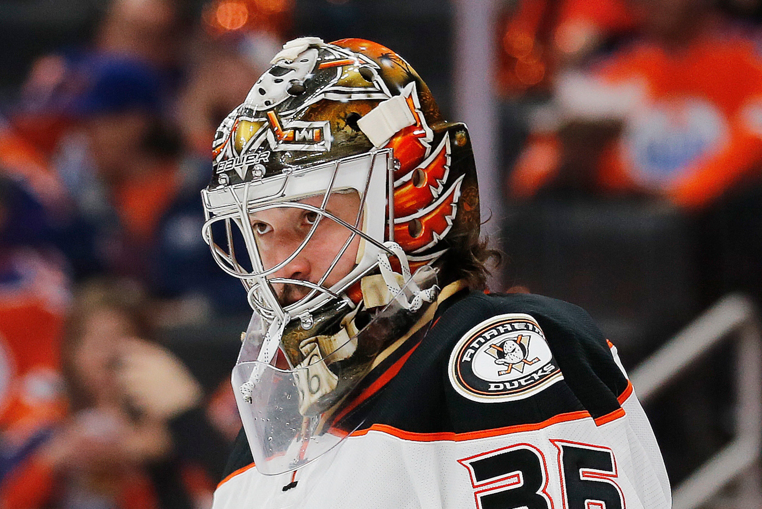 May 3, 2017; Edmonton, Alberta, CAN; Anaheim Ducks goaltender John Gibson (36) gets ready during warmup against the Edmonton Oilers in game four of the second round of the 2017 Stanley Cup Playoffs at Rogers Place. Mandatory Credit: Perry Nelson-USA TODAY