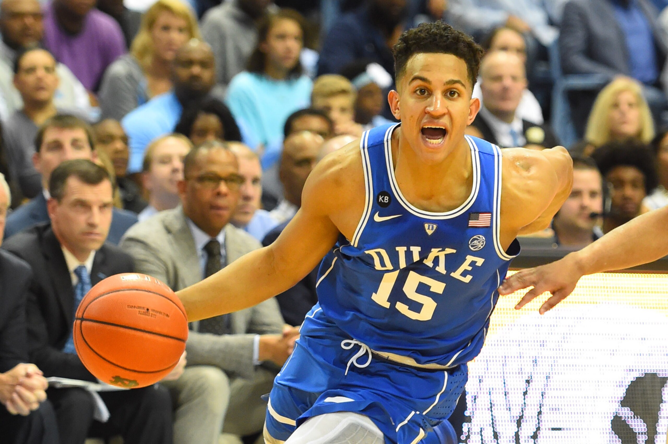 Mar 4, 2017; Chapel Hill, NC, USA; Duke Blue Devils guard Frank Jackson (15) with the ball in the first half at Dean E. Smith Center. Mandatory Credit: Bob Donnan-USA TODAY Sports