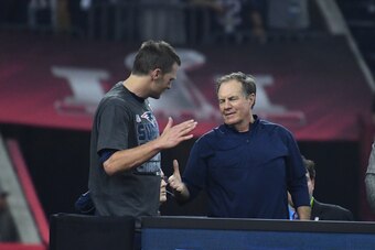 Feb 5, 2017; Houston, TX, USA;  New England Patriots quarterback Tom Brady (12) and New England Patriots head coach Bill Belichick celebrate after Super Bowl LI at NRG Stadium. Mandatory Credit: Kirby Lee-USA TODAY Sports