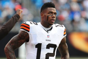 CHARLOTTE, NC - DECEMBER 21: Josh Gordon #12 of the Cleveland Browns watches the action against the Carolina Panthers on December 21, 2014 at Bank of America Stadium in Charlotte, North Carolina.  (Photo by Scott Cunningham/Getty Images)