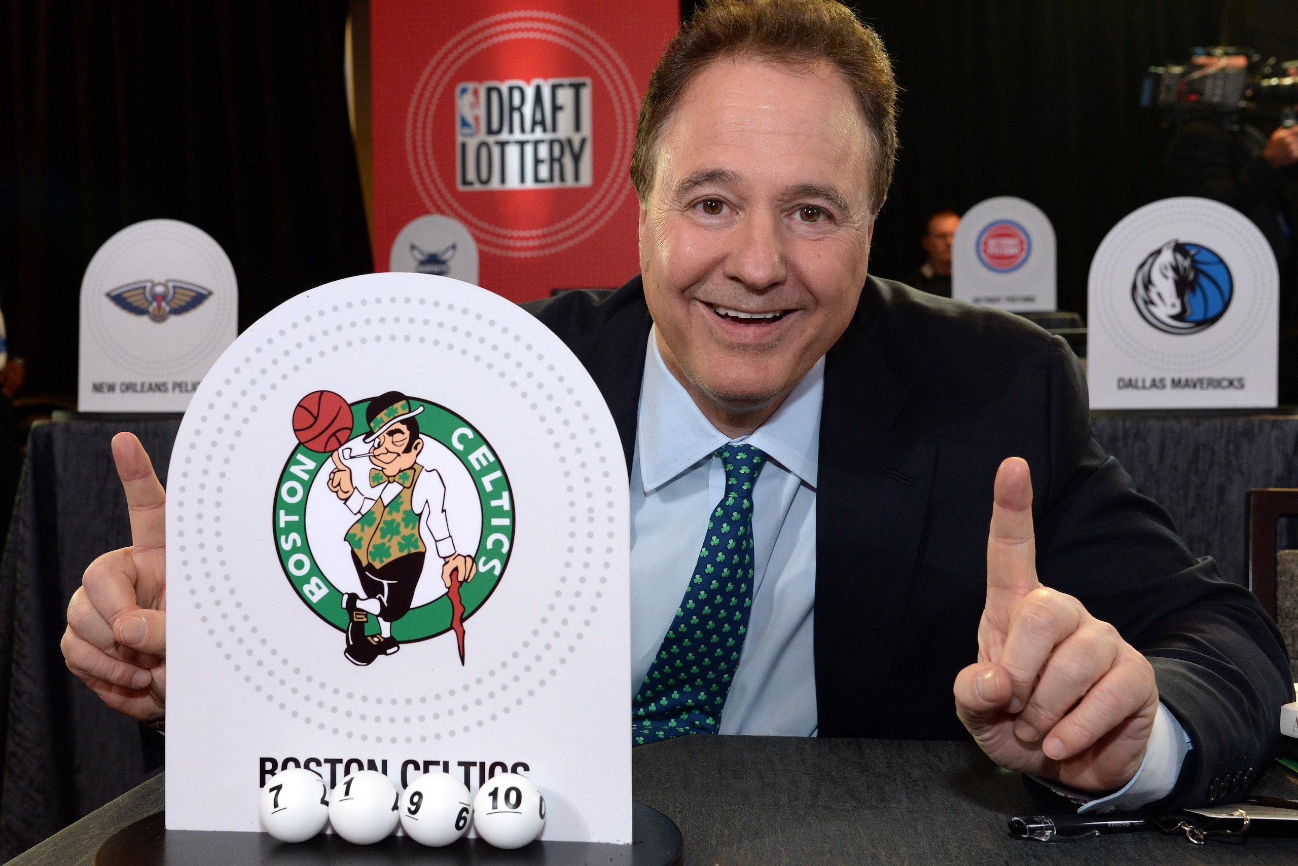 NEW YORK, NY - MAY 16:  Stephen Pagliuca of the Boston Celtics poses for a photo after drawing the #1 pick during the 2017 NBA Draft Lottery at the New York Hilton in New York, New York. NOTE TO USER: User expressly acknowledges and agrees that, by downlo