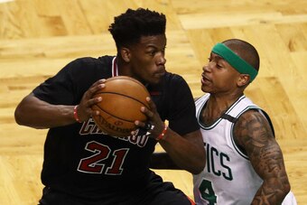 BOSTON, MA - APRIL 26: Isaiah Thomas #4 of the Boston Celtics defends Jimmy Butler #21 of the Chicago Bulls during the first quarter of Game Five of the Eastern Conference Quarterfinals at TD Garden on April 26, 2017 in Boston, Massachusetts. NOTE TO USER
