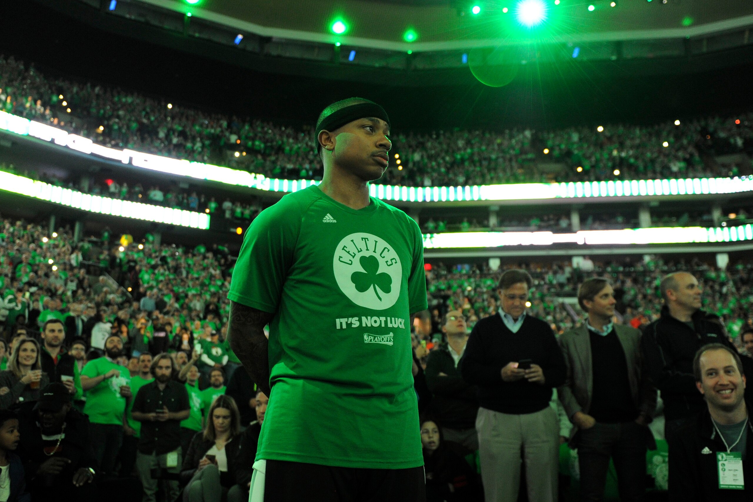 May 15, 2017; Boston, MA, USA; Boston Celtics guard Isaiah Thomas (4) looks on during player introductions prior to game seven of the second round of the 2017 NBA Playoffs against the Washington Wizards at TD Garden. Mandatory Credit: Bob DeChiara-USA TOD