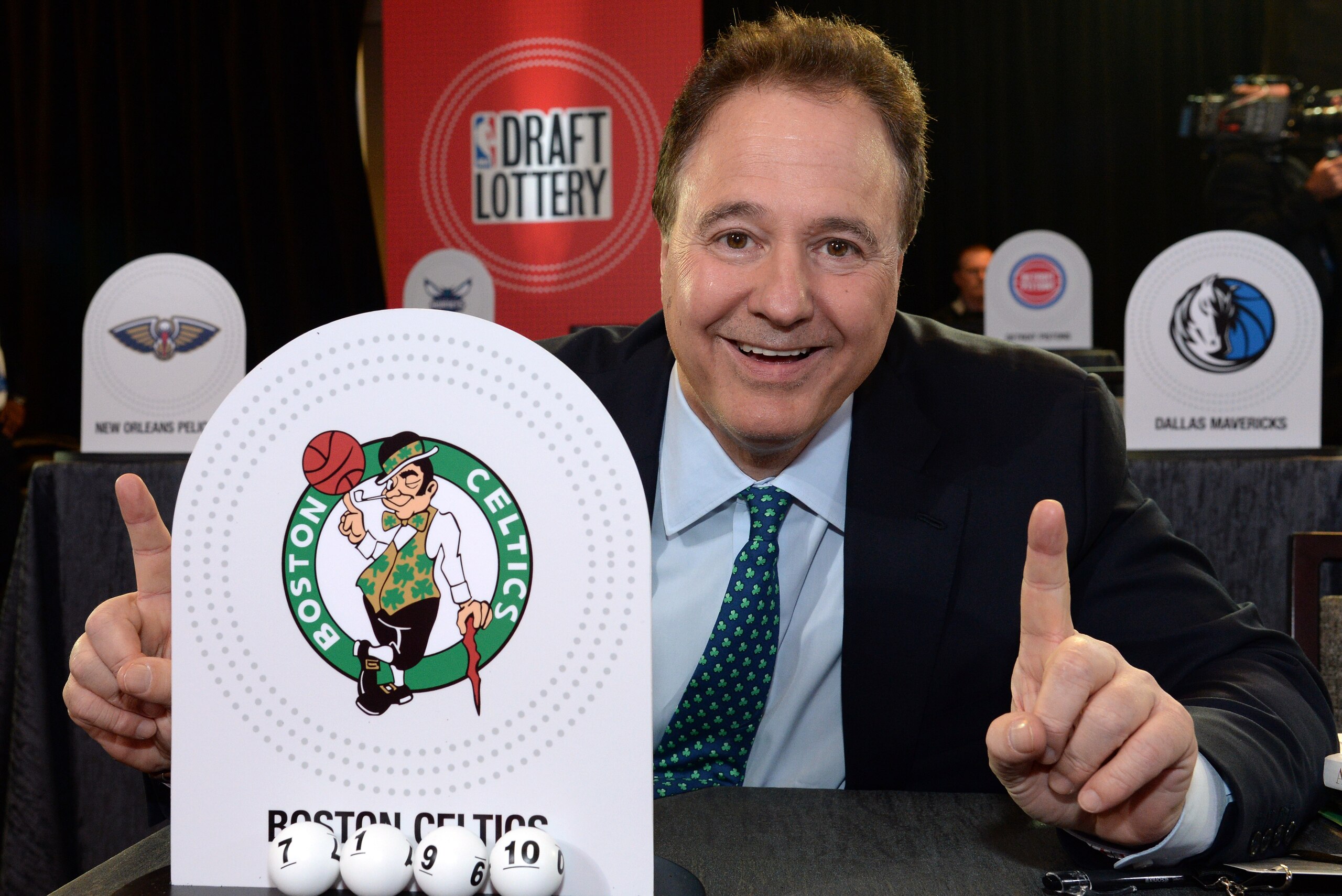 NEW YORK, NY - MAY 16:  Stephen Pagliuca of the Boston Celtics poses for a photo after drawing the #1 pick during the 2017 NBA Draft Lottery at the New York Hilton in New York, New York. NOTE TO USER: User expressly acknowledges and agrees that, by downlo