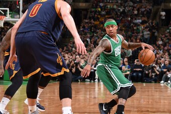 BOSTON, MA - APRIL 5: Isaiah Thomas #4 of the Boston Celtics handles the ball against the Cleveland Cavaliers during the game on April 5, 2017 at the TD Garden in Boston, Massachusetts.  NOTE TO USER: User expressly acknowledges and agrees that, by downlo