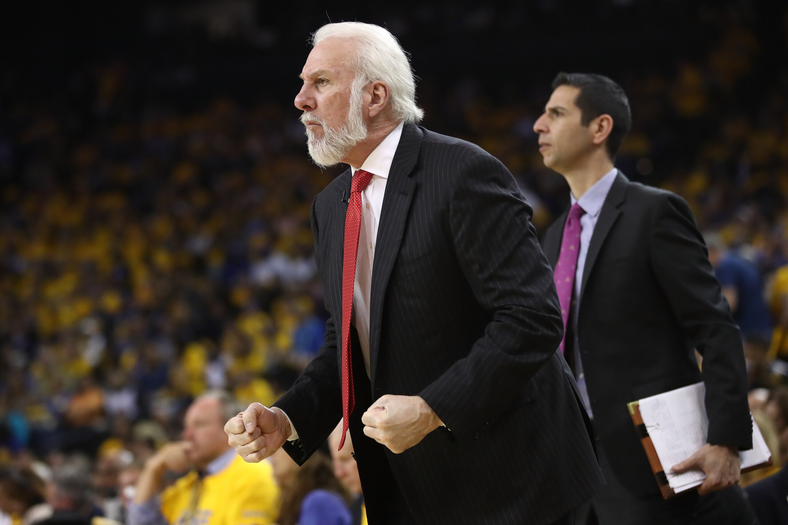 OAKLAND, CA - MAY 16:  Gregg Popovich of the San Antonio Spurs looks on during Game Two of the NBA Western Conference Finals against the Golden State Warriors at ORACLE Arena on May 16, 2017 in Oakland, California. NOTE TO USER: User expressly acknowledge