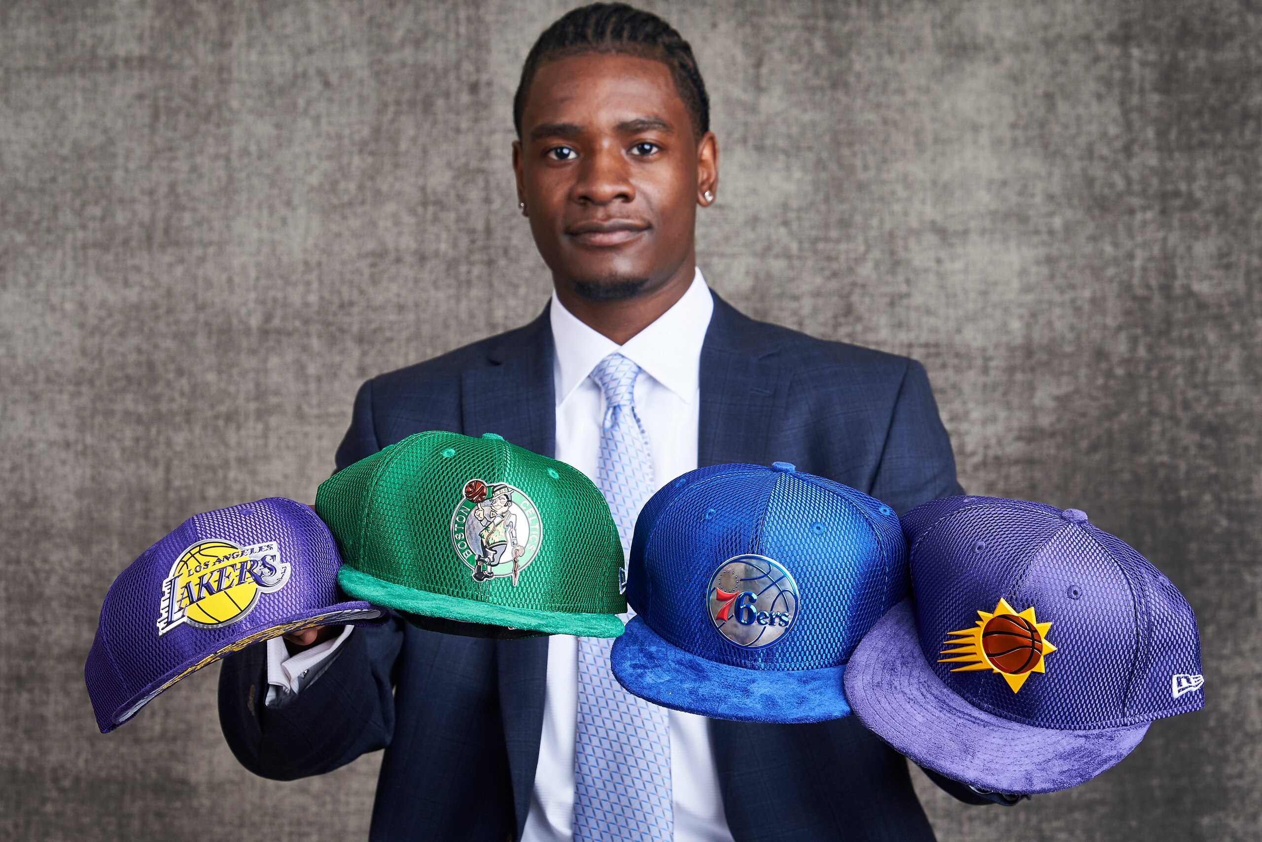 NEW YORK, NEW YORK - MAY 16: Draft prospect Josh Jackson poses poses with draft caps for portraits prior to the 2017 NBA Draft Lottery at the NBA Headquarters in New York, New York. NOTE TO USER: User expressly acknowledges and agrees that, by downloading