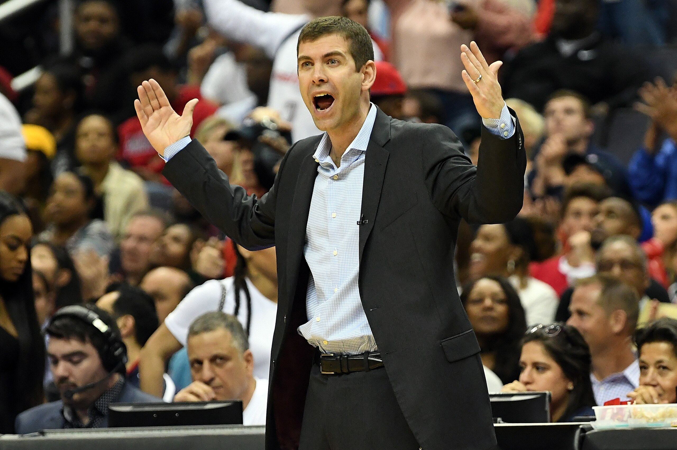 WASHINGTON, DC - MAY 04: Head coach Brad Stevens of the Boston Celtics reacts to a call in the third quarter against the Washington Wizards in Game Three of the Eastern Conference Semifinals at Verizon Center on May 4, 2017 in Washington, DC. NOTE TO USE WASHINGTON, DC - MAY 04: Head coach Brad Stevens of the Boston Celtics reacts to a call in the third quarter against the Washington Wizards in Game Three of the Eastern Conference Semifinals at Verizon Center on May 4, 2017 in Washington, DC. NOTE TO USE