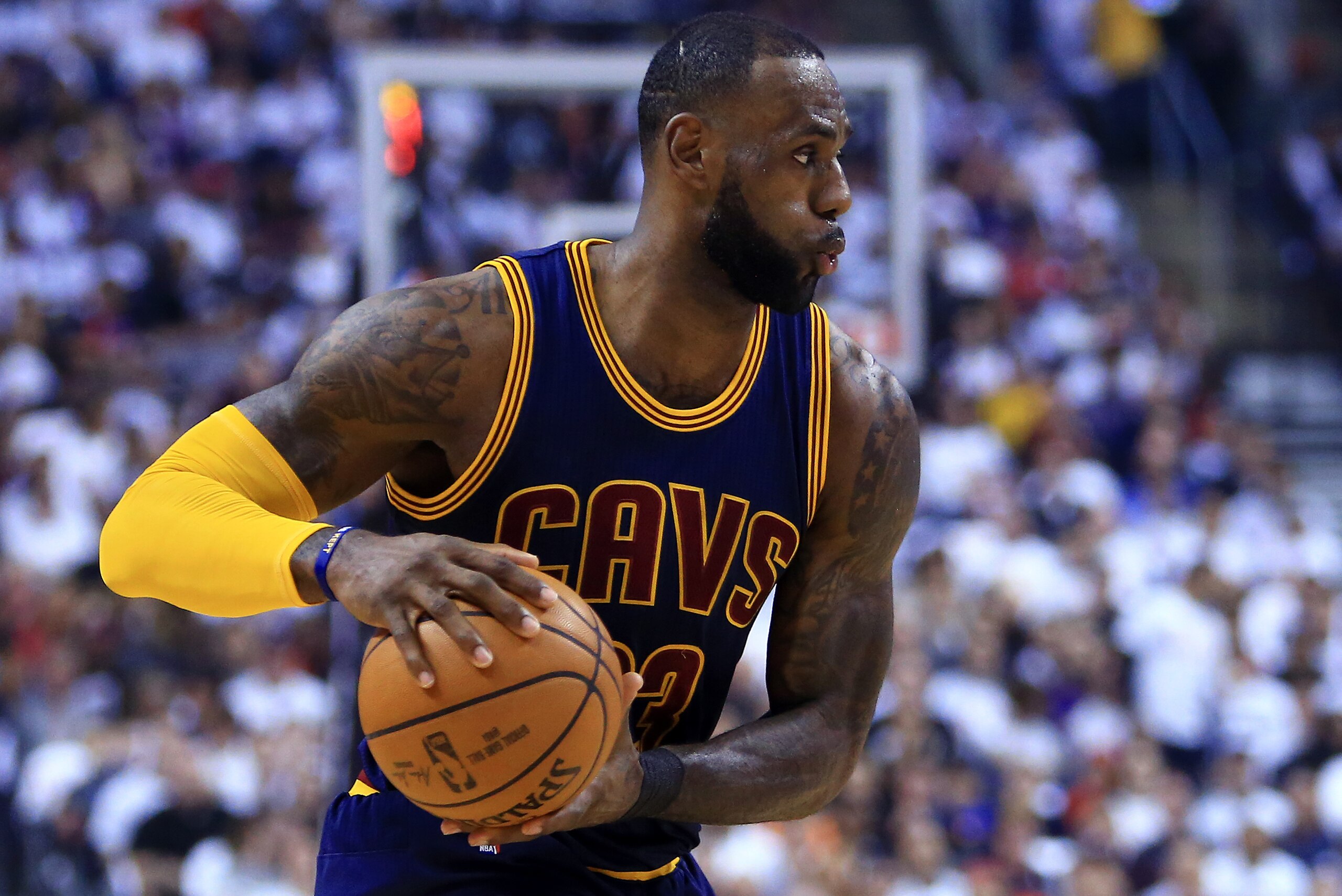 TORONTO, ON - MAY 07: Lebron James #23 of the Cleveland Cavaliers dribbles the ball as in the first half of Game Four of the Eastern Conference Semifinals against the Toronto Raptors during the 2017 NBA Playoffs at Air Canada Centre on May 7, 2017 in Tor TORONTO, ON - MAY 07: Lebron James #23 of the Cleveland Cavaliers dribbles the ball as in the first half of Game Four of the Eastern Conference Semifinals against the Toronto Raptors during the 2017 NBA Playoffs at Air Canada Centre on May 7, 2017 in Tor