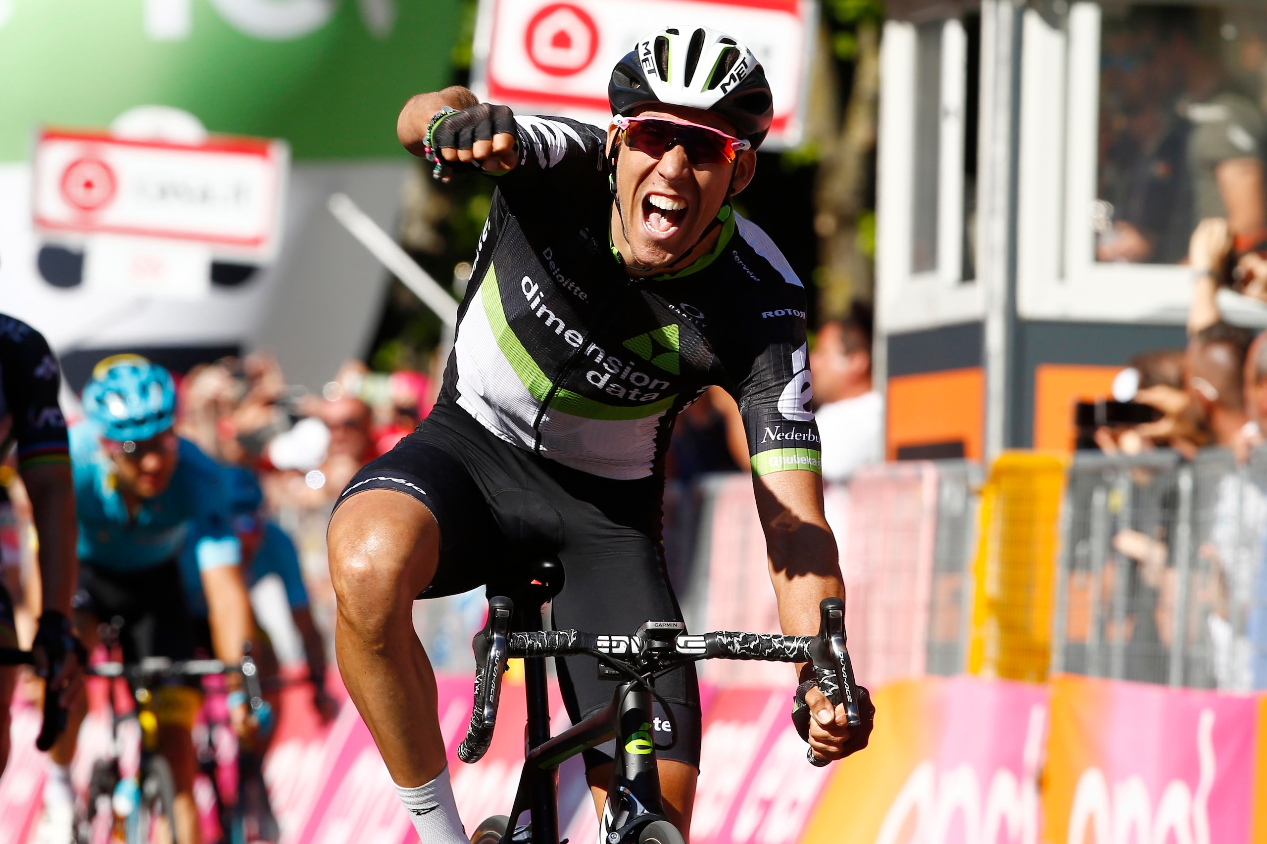 Spaniard Omar Fraile of team Dimension Data, celebrates as he crosses the finish line to win the 11th stage of the 100th Giro d'Italia, Tour of Italy, cycling race from Florence to Bagno di Romagna on May 17, 2017.
Race leader Tom Dumoulin, of Sunweb, re Spaniard Omar Fraile of team Dimension Data, celebrates as he crosses the finish line to win the 11th stage of the 100th Giro d'Italia, Tour of Italy, cycling race from Florence to Bagno di Romagna on May 17, 2017.
Race leader Tom Dumoulin, of Sunweb, re