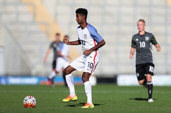 LEIGH, GREATER MANCHESTER - OCTOBER 05: Gedion Zelalem of USA in action during the Under 20s Four Nations Tournament match between Germany and the United States at Leigh Sports Village Stadium on October 5, 2016 in Leigh, Greater Manchester.  (Photo by Ma