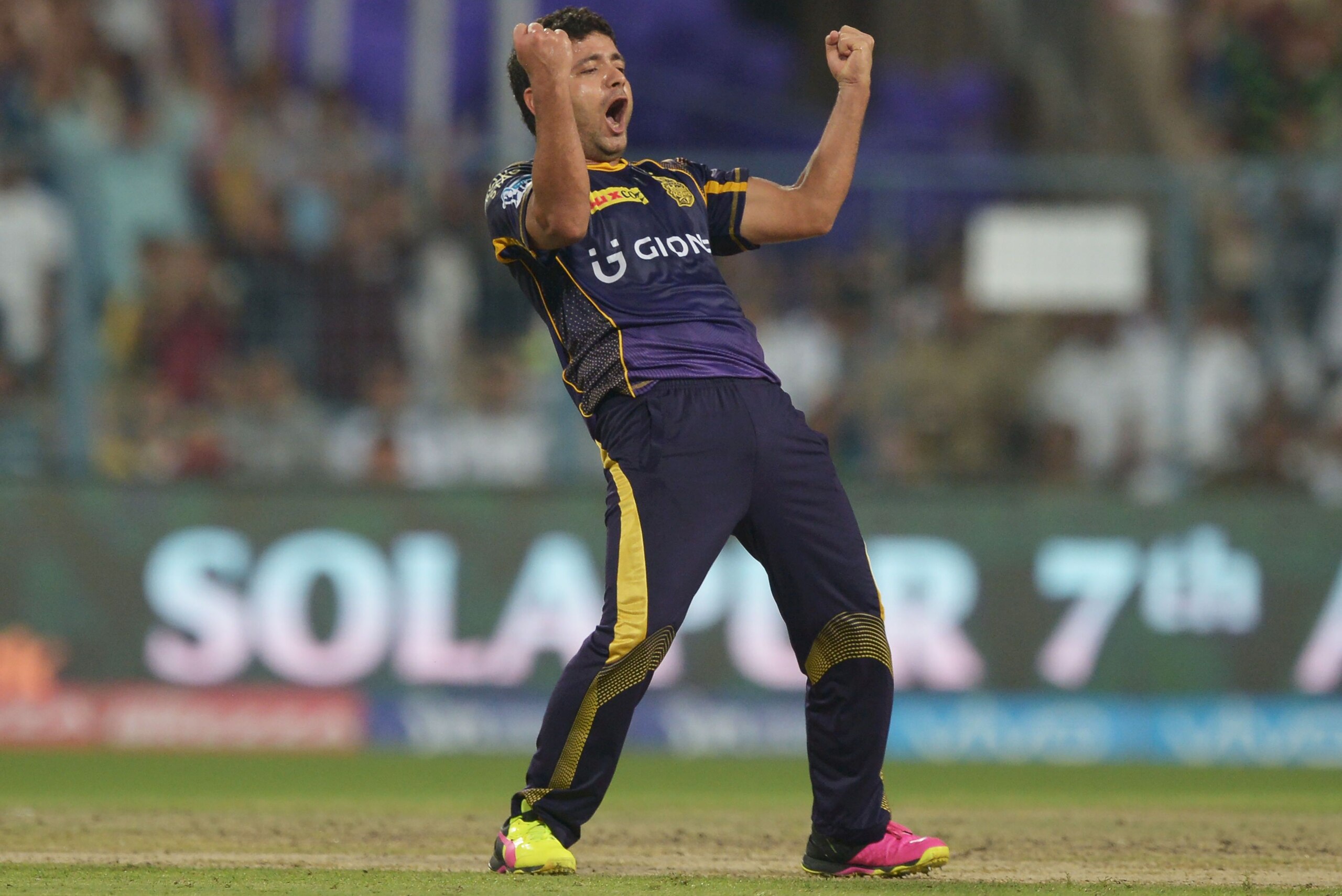 Kolkata Knight Riders Piyush Chawla celebrates after the dismissal of Kings XI Punjab Glenn Maxwell during the 2016 Indian Premier League (IPL) Twenty20 cricket match between Kolkata Knight Riders and Kings XI Punjab at the Eden Gardens Cricket Stadium in