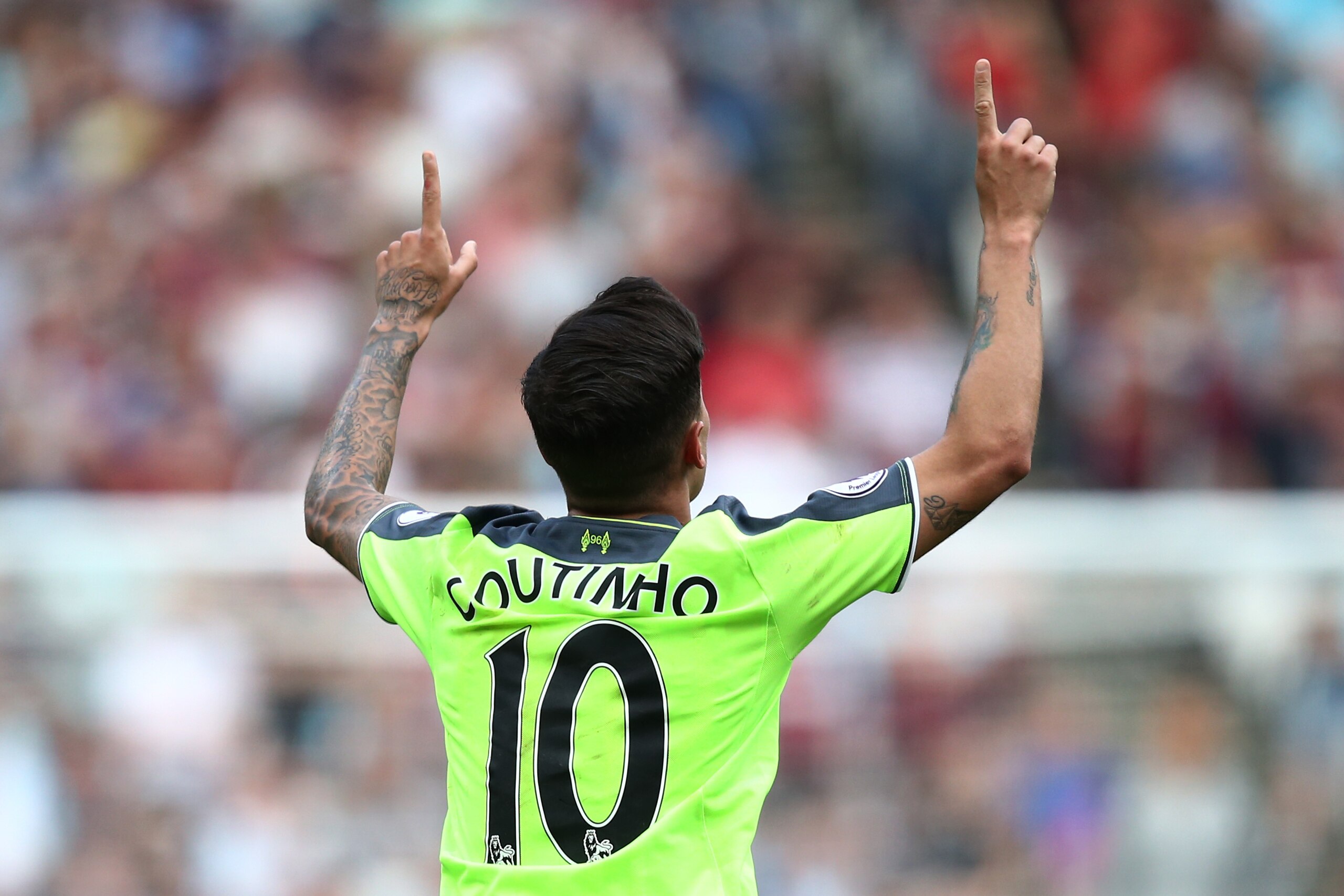 STRATFORD, ENGLAND - MAY 14: Philippe Coutinho of Liverpool celebrates scoring his sides third goal during the Premier League match between West Ham United and Liverpool at London Stadium on May 14, 2017 in Stratford, England.  (Photo by Jan Kruger/Getty 