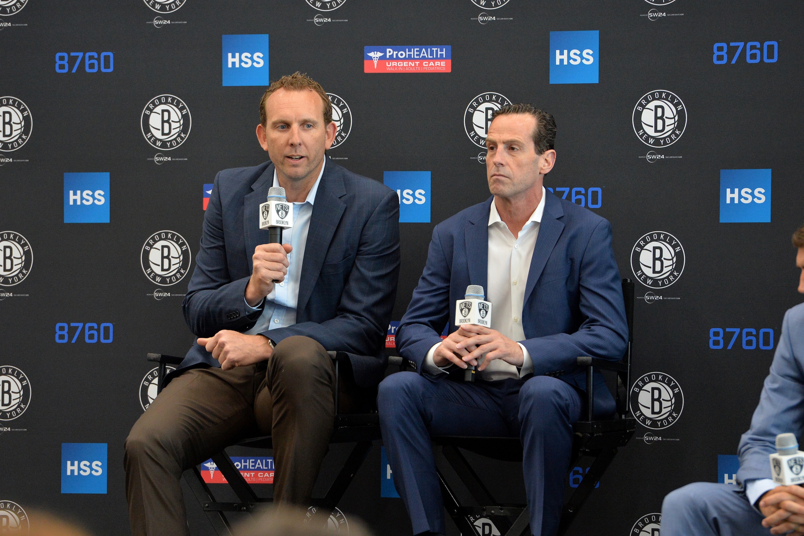 BROOKLYN, NY - July 20:  General Manager Sean Marks and Kenny Atkinson introduce the newest members of the Brooklyn Nets team at the HSS Training Facility on July 20, 2016 in Brooklyn, New York. NOTE TO USER: User expressly acknowledges and agrees that, b