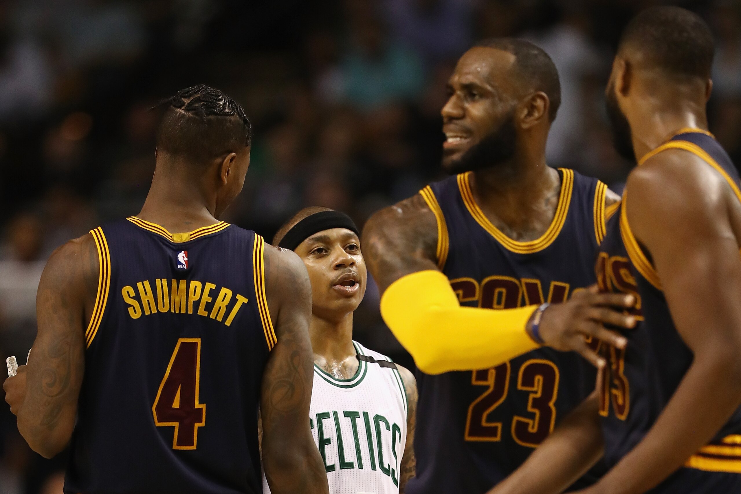 BOSTON, MA - MAY 17:  Isaiah Thomas #4 of the Boston Celtics tries to talk with Tristan Thompson #13 of the Cleveland Cavaliers in the second half during Game One of the 2017 NBA Eastern Conference Finals at TD Garden on May 17, 2017 in Boston, Massachuse