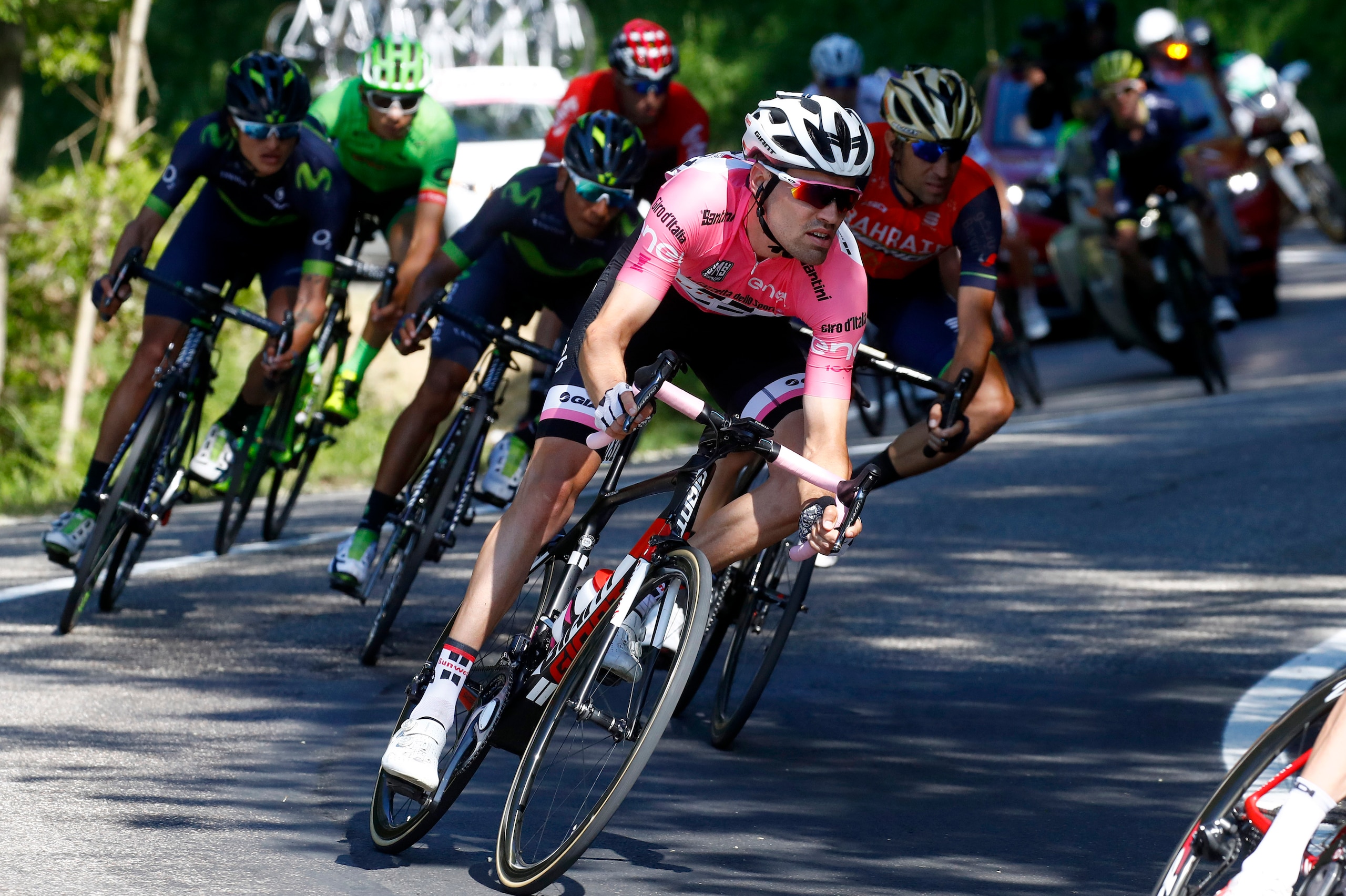 Dutch rider Tom Dumoulin of team Sunweb rides during the 11th stage of the 100th Giro d'Italia, Tour of Italy, cycling race from Florence to Bagno di Romagna on May 17, 2017. 
Spaniard Omar Fraile, of the Dimension Data team, claimed his maiden win on a g