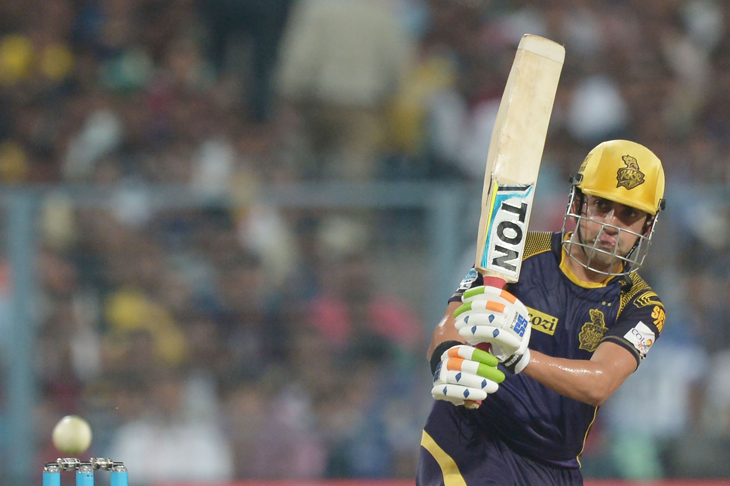 Kolkata Knight Riders captain Gautam Gambhir plays a shot during the 2016 Indian Premier League(IPL) Twenty20 cricket match between Kolkata Knight Riders and Kings XI Punjab at The Eden Gardens Cricket Stadium in Kolkata on May 4, 2016.   / GETTYOUT / ---