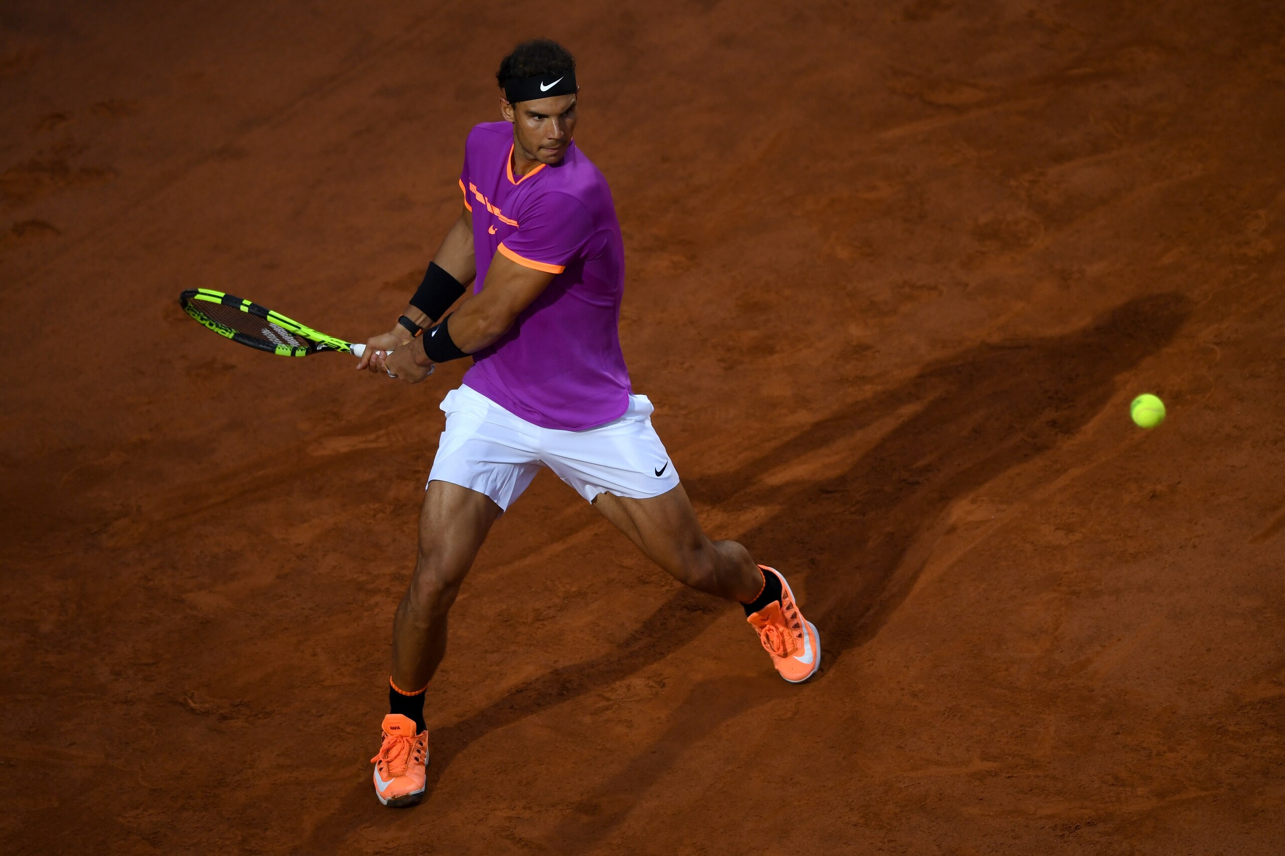 ROME, ITALY - MAY 18:  Rafael Nadal of Spain plays a shot during his 3rd round match against Jack Sock of USA in The Internazionali BNL d'Italia 2017 at Foro Italico on May 18, 2017 in Rome, Italy.  (Photo by Gareth Copley/Getty Images)