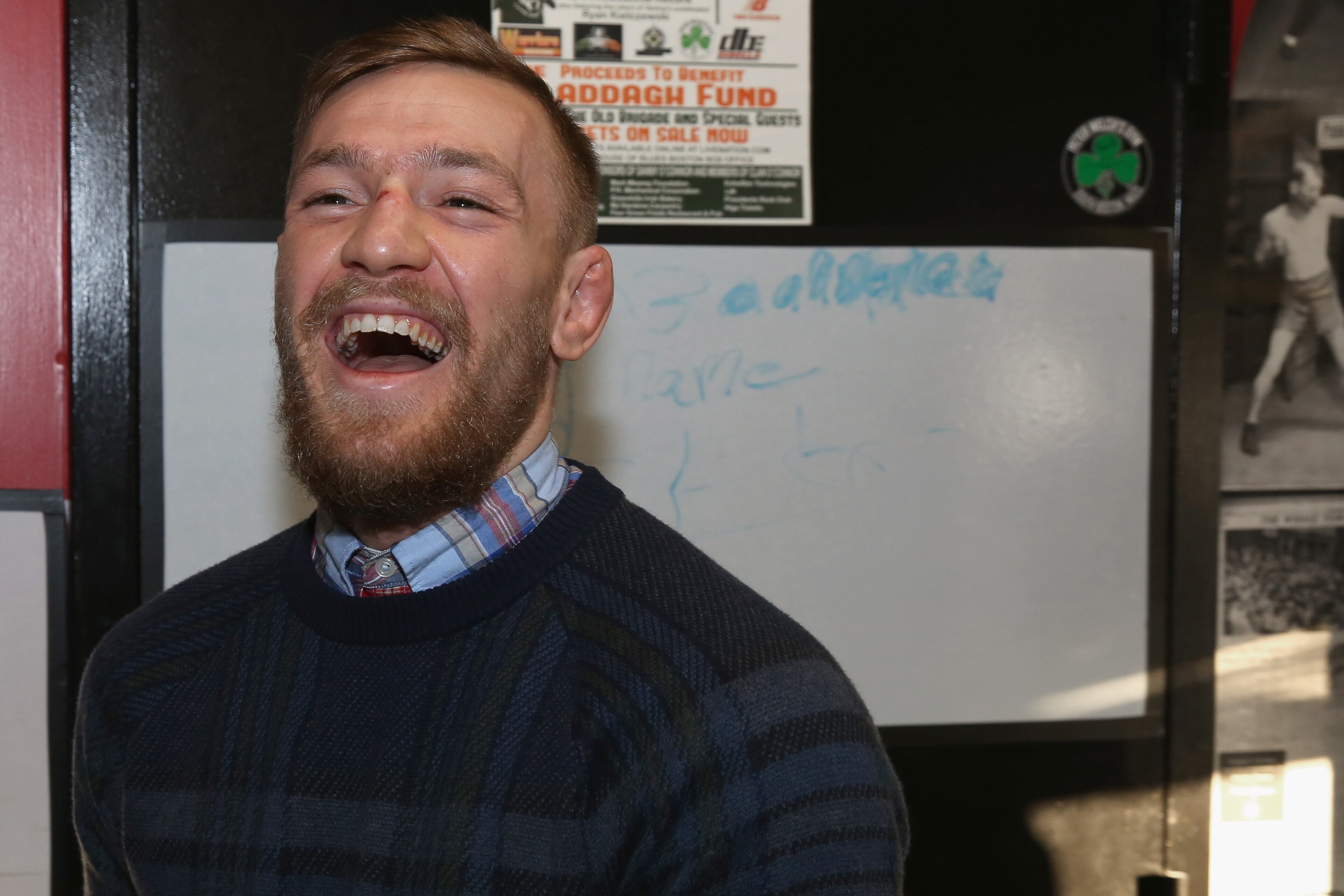 BOSTON, MA - JANUARY 09: UFC fighter Conor McGregor laughs during a community event at Peter Welch's Gym on January 9, 2015 in Boston, Massachusetts. (Photo by Billie Weiss/Zuffa LLC/Zuffa LLC via Getty Images)