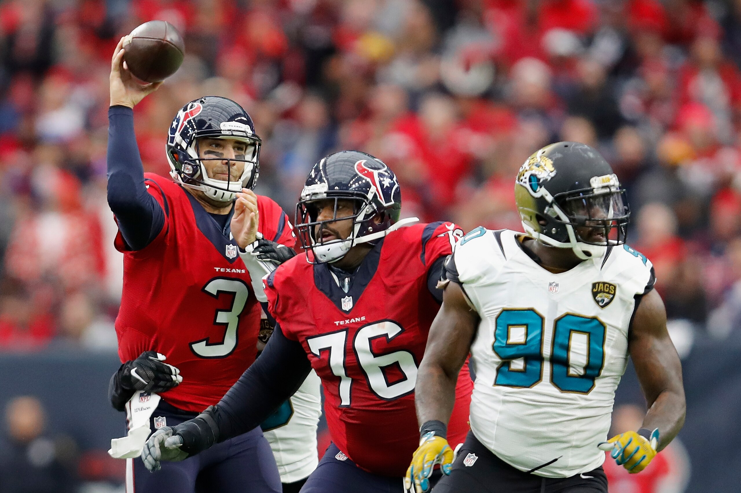 HOUSTON, TX - DECEMBER 18: Tom Savage #3 of the Houston Texans throws a pass agains the Jacksonville Jaguars in the second quarter at NRG Stadium on December 18, 2016 in Houston, Texas. (Photo by Tim Warner/Getty Images) HOUSTON, TX - DECEMBER 18: Tom Savage #3 of the Houston Texans throws a pass agains the Jacksonville Jaguars in the second quarter at NRG Stadium on December 18, 2016 in Houston, Texas. (Photo by Tim Warner/Getty Images)