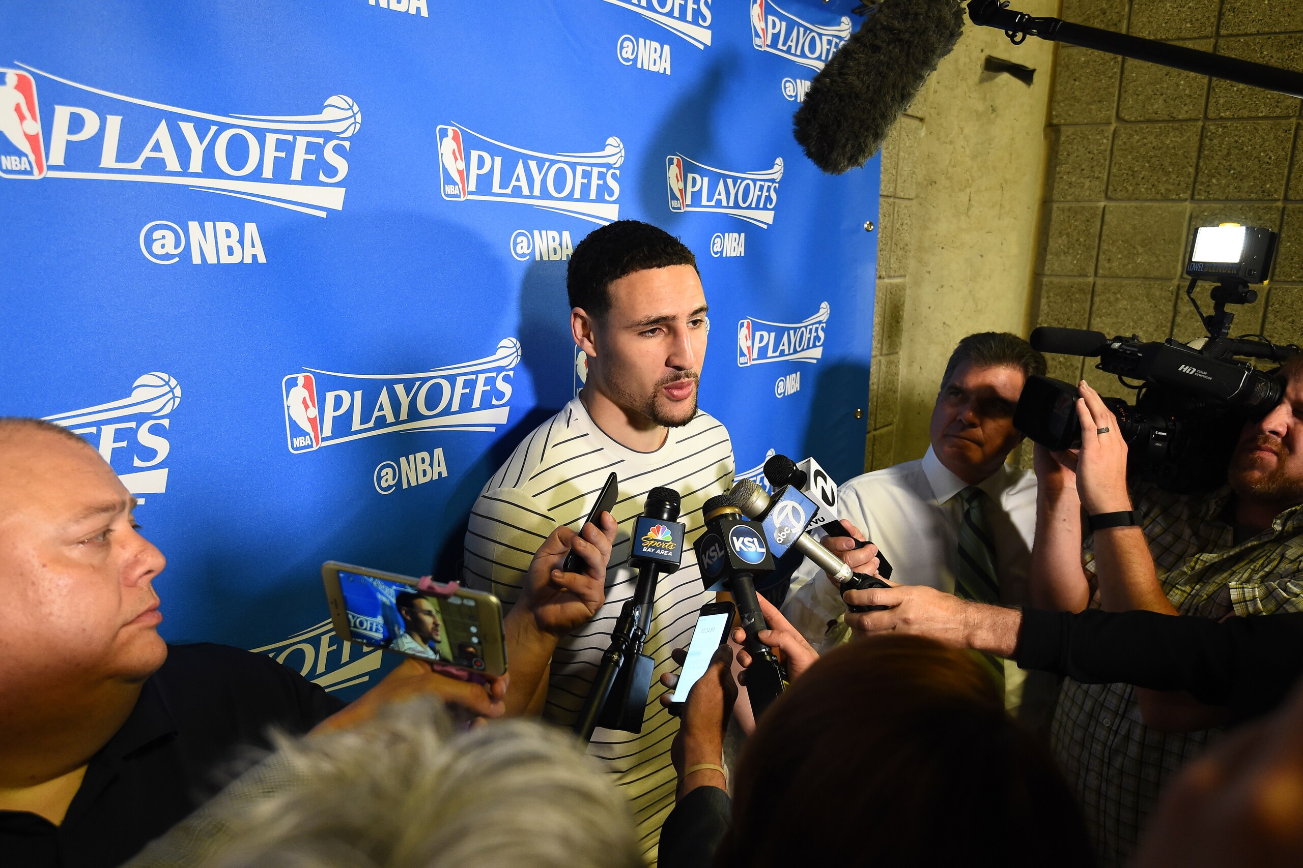 SALT LAKE CITY, UT - MAY 8:  Klay Thompson #11 of the Golden State Warriors speaks to the media after Game Four of the Western Conference Semifinals of the 2017 NBA Playoffs on May 8, 2017 at vivint.SmartHome Arena in Salt Lake City, Utah. NOTE TO USER: U