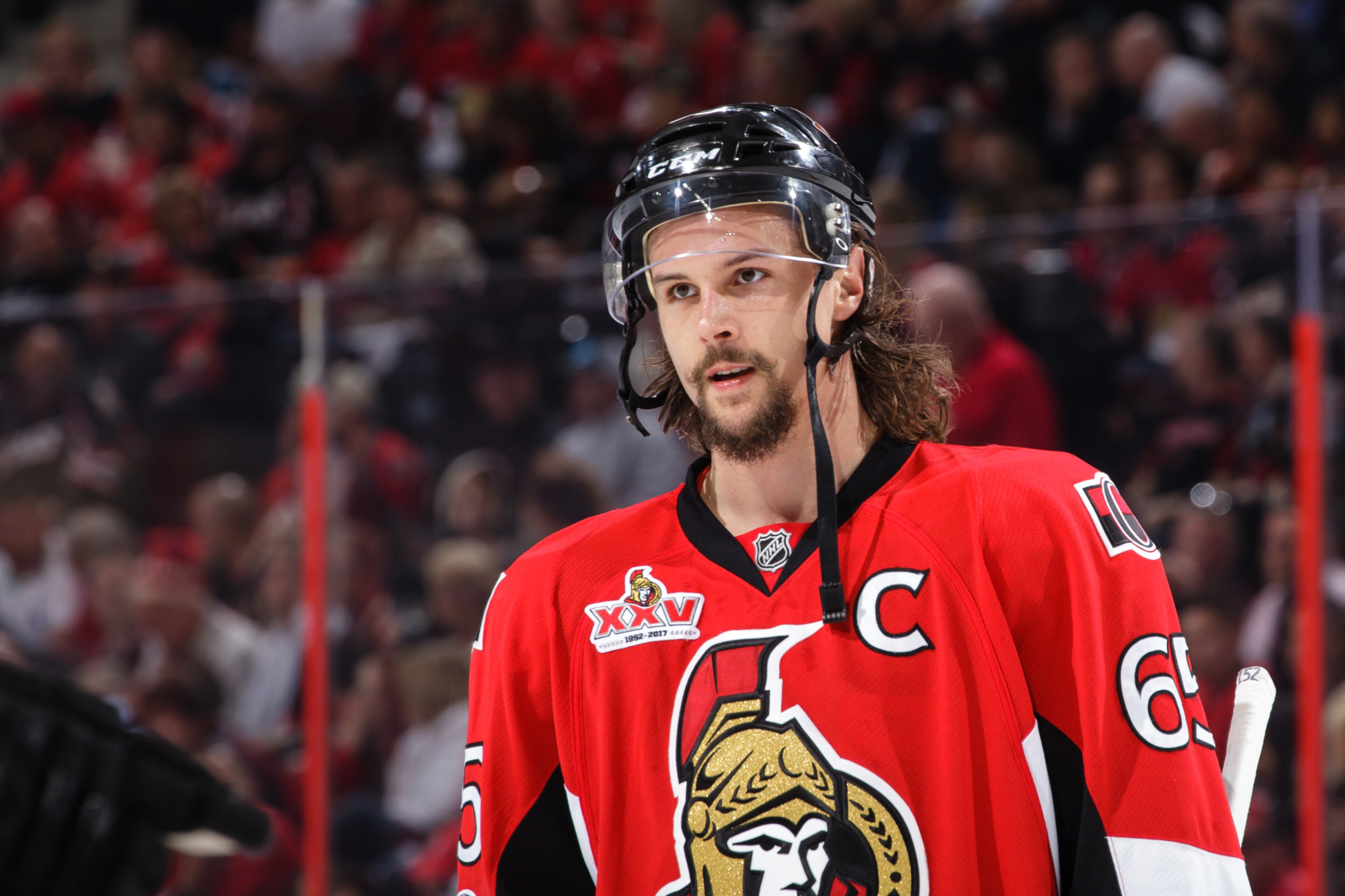 OTTAWA, ON - MAY 17:  Erik Karlsson #65 of the Ottawa Senators looks on against the Pittsburgh Penguins in Game Three of the Eastern Conference Final during the 2017 NHL Stanley Cup Playoffs at Canadian Tire Centre on May 17, 2017 in Ottawa, Ontario, Cana